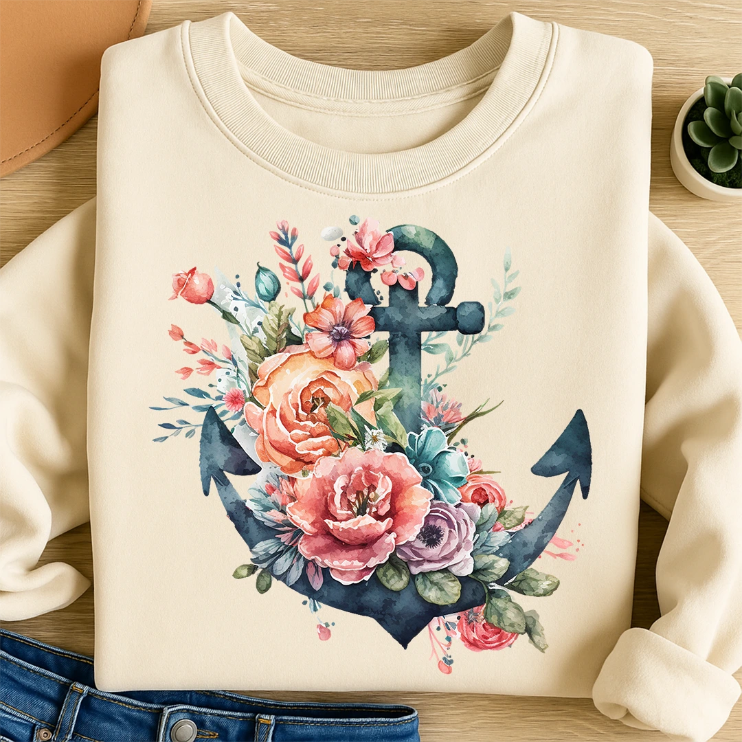 Bügelbild Aquarell Blüten Anker