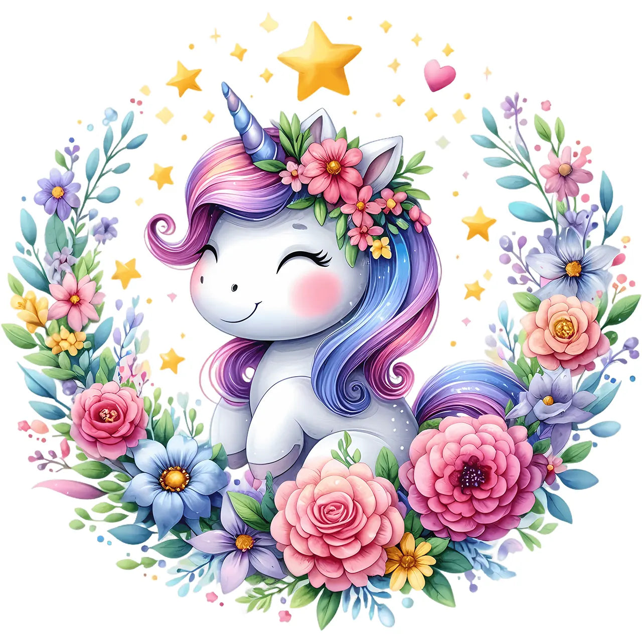 Glitzer Bügelbild Einhorn Blumenkranz