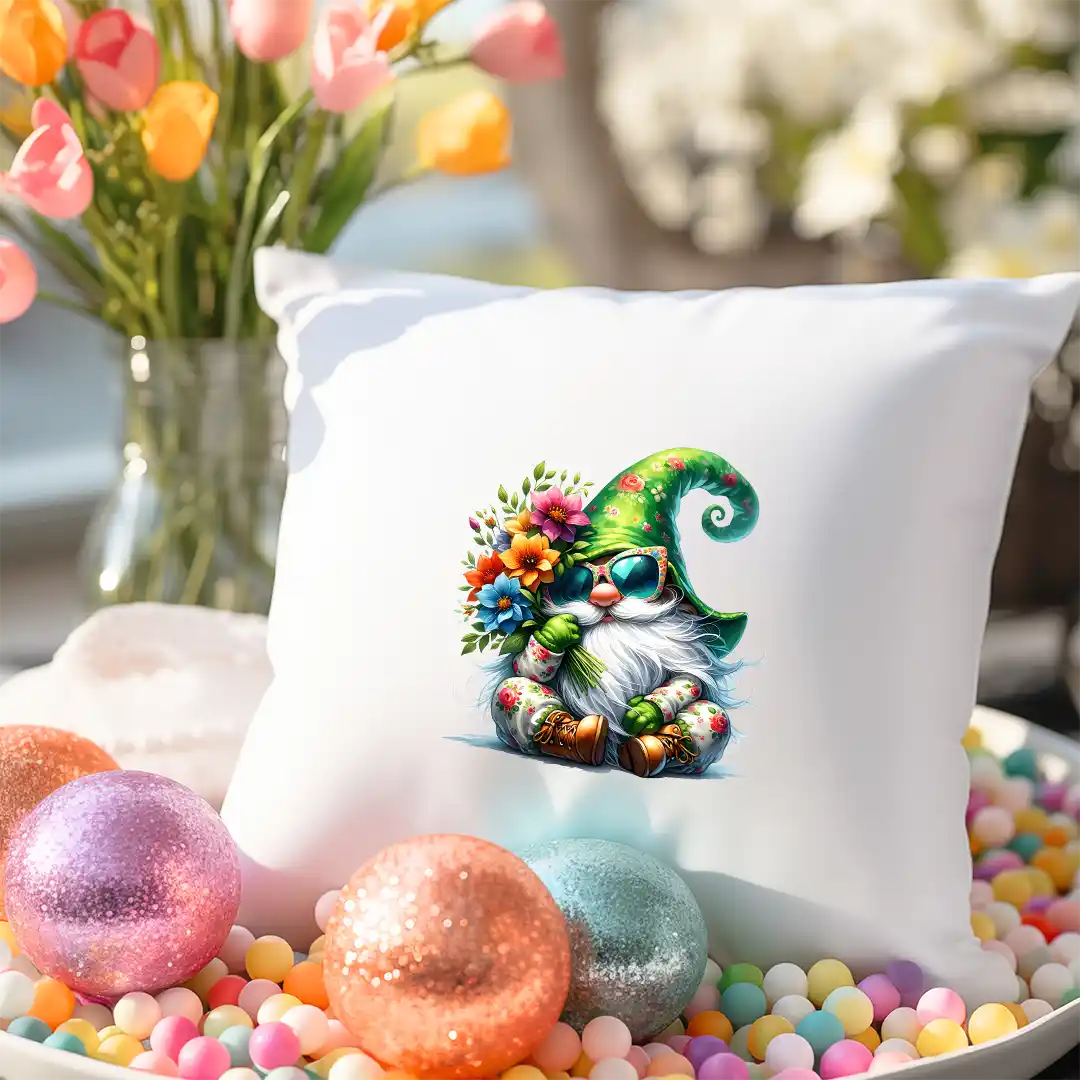 Bügelbild Frühlingszwerg mit Blumenstrauß - L