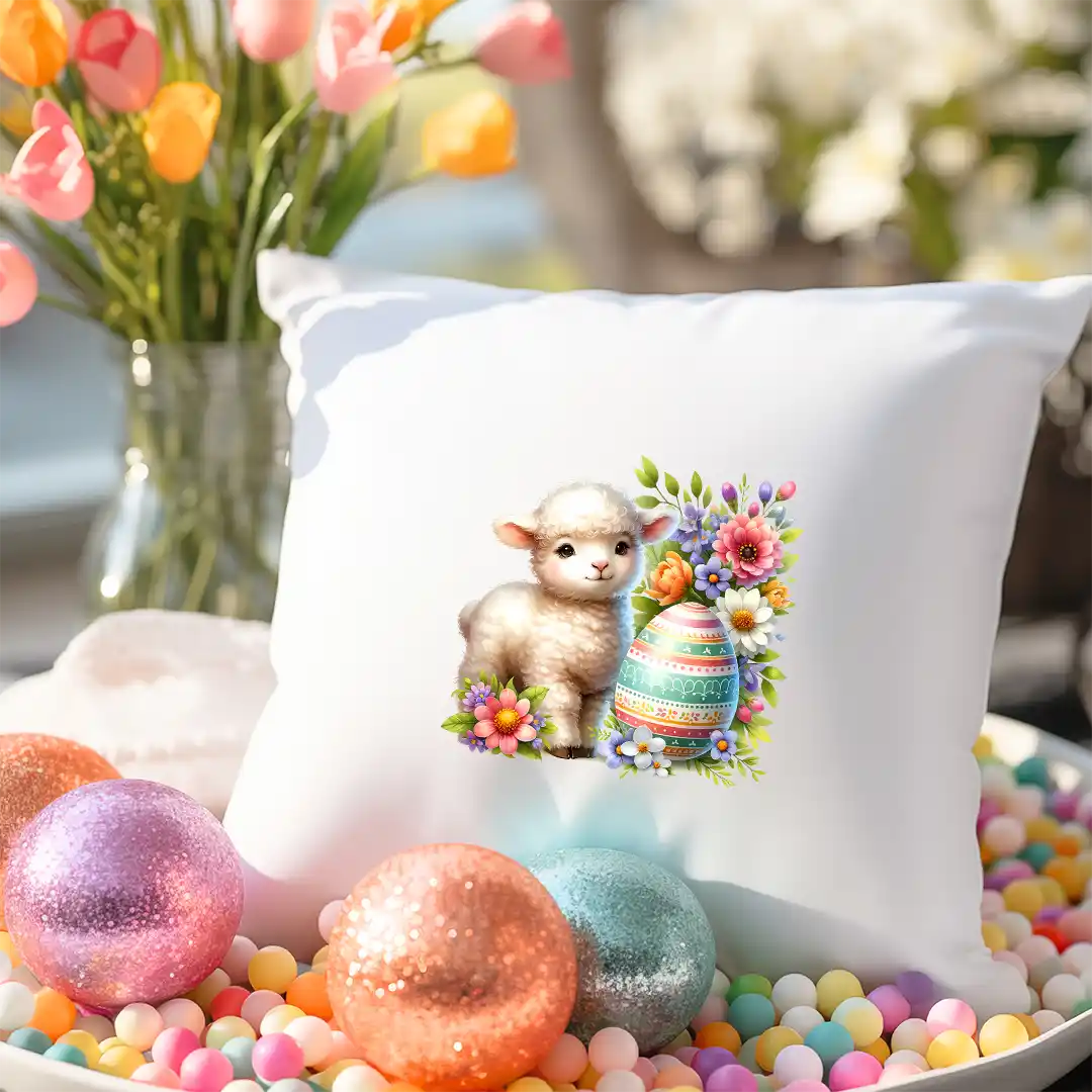 Bügelbild Ostern Lamm Lullu auf Frühlingswiese