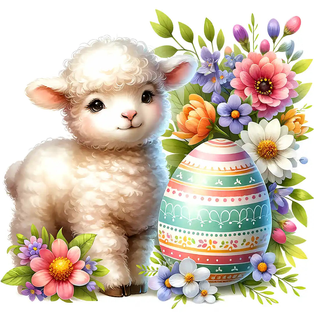 Bügelbild Ostern Lamm Lullu auf Frühlingswiese