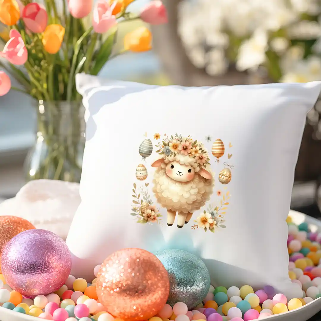 Bügelbild Ostern Schaf mit Blumenkranz