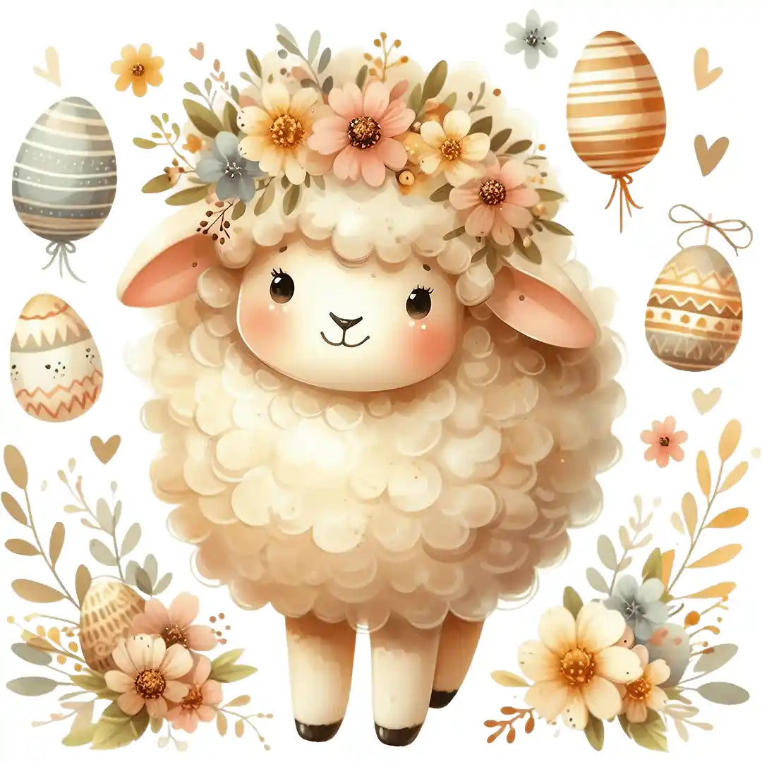 Bügelbild Ostern Schaf mit Blumenkranz