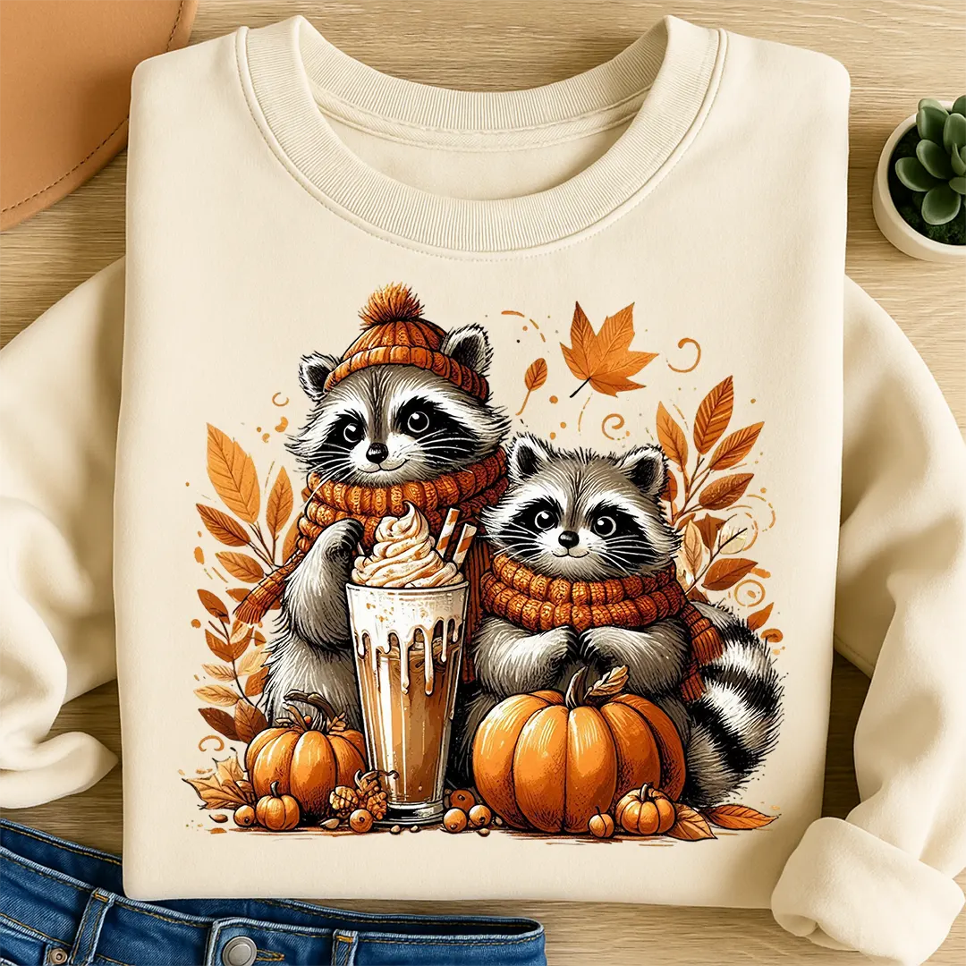 Bügelbild Waschbären herbstliche Kaffeschlürfer