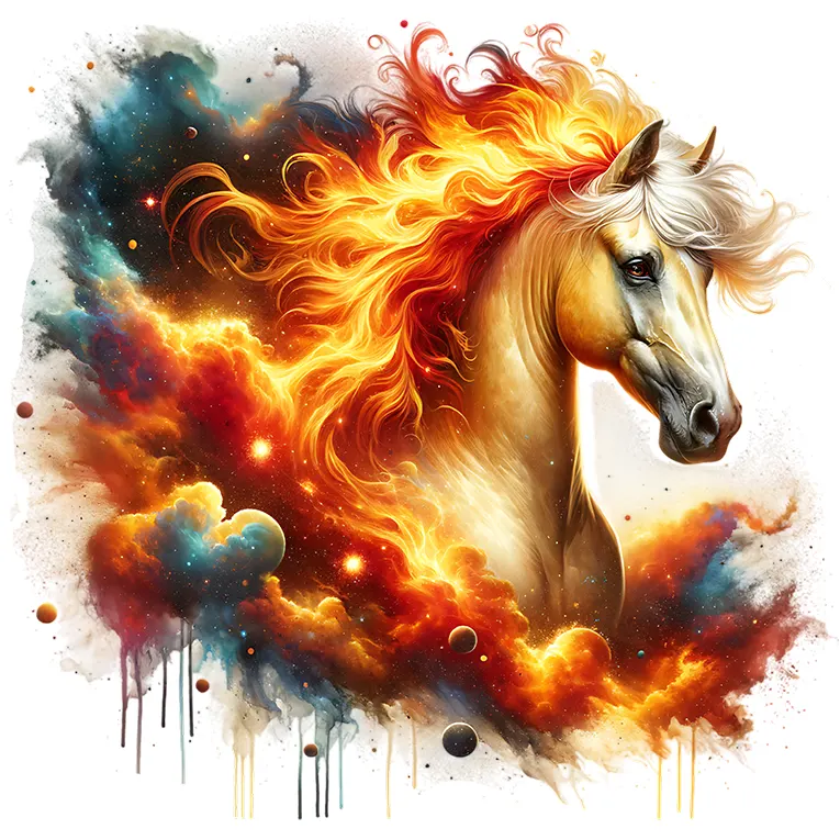 Bügelbild Galaxie Pferd Feuer