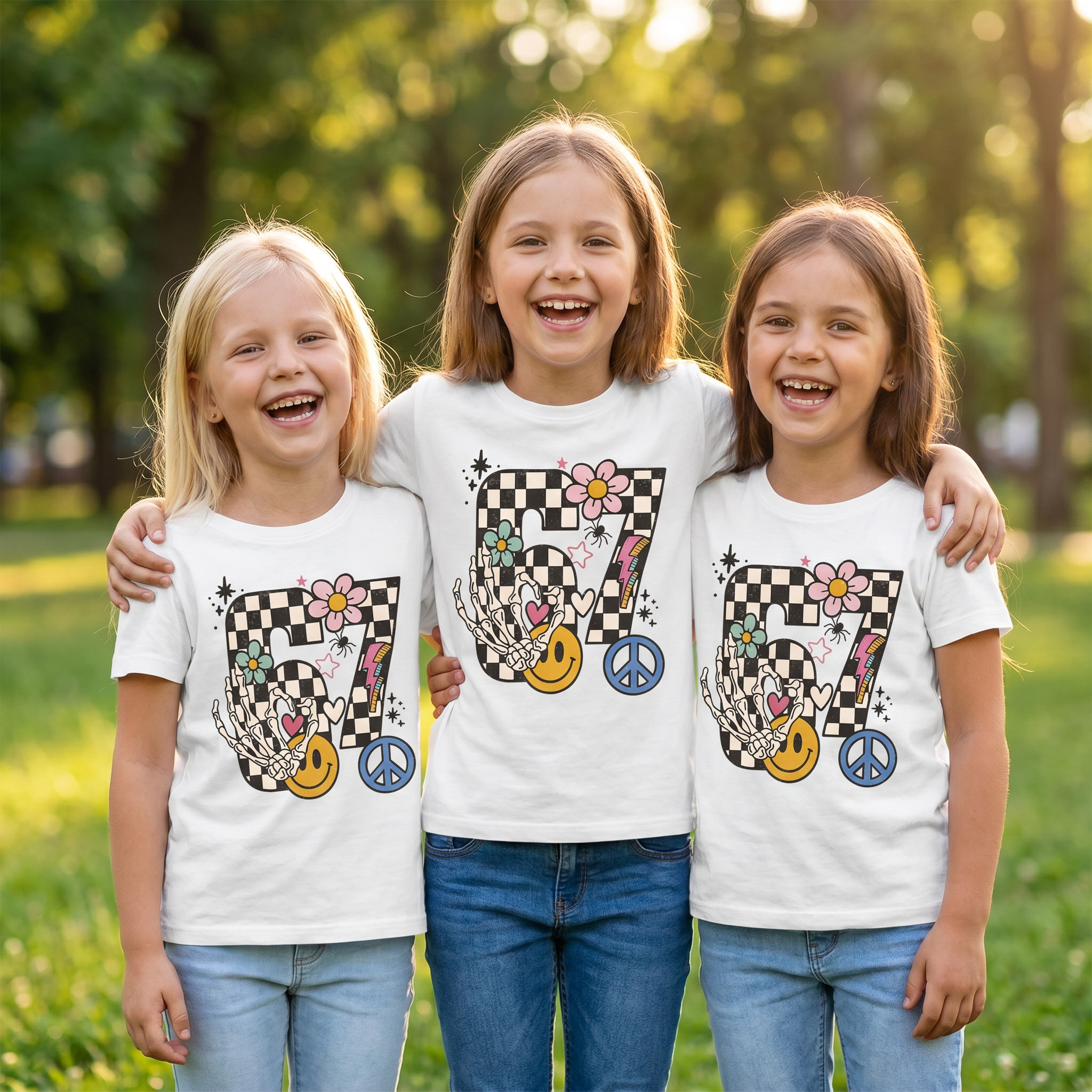 Six Seven Peace Flower Checker – Kinder T-Shirt mit Namen | 67 Meme personalisierbar