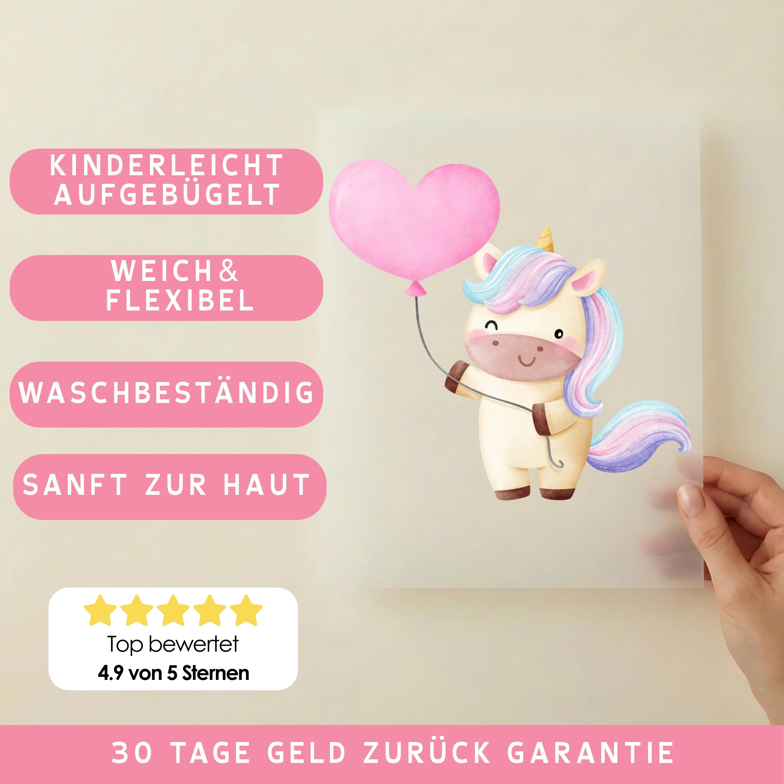 Bügelbild Einhorn Herzluftballon