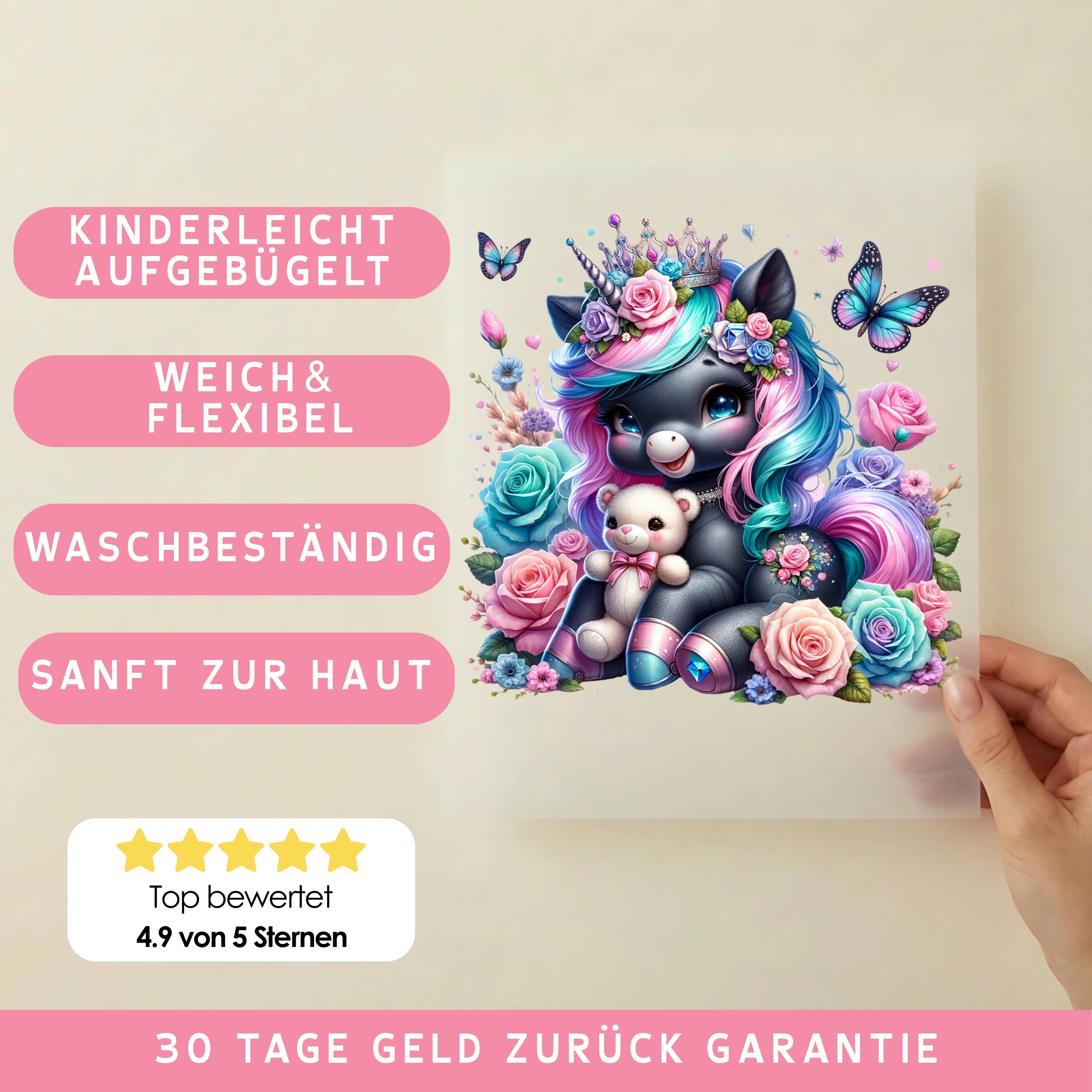 Bügelbild Einhorn Nocturna Rosentraum