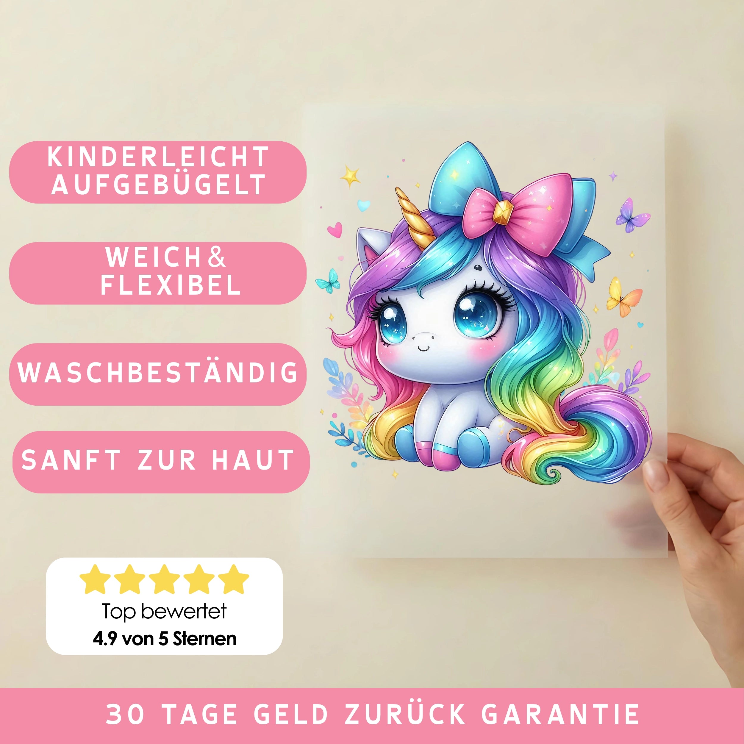 Bügelbild Einhorn Pastelschleife
