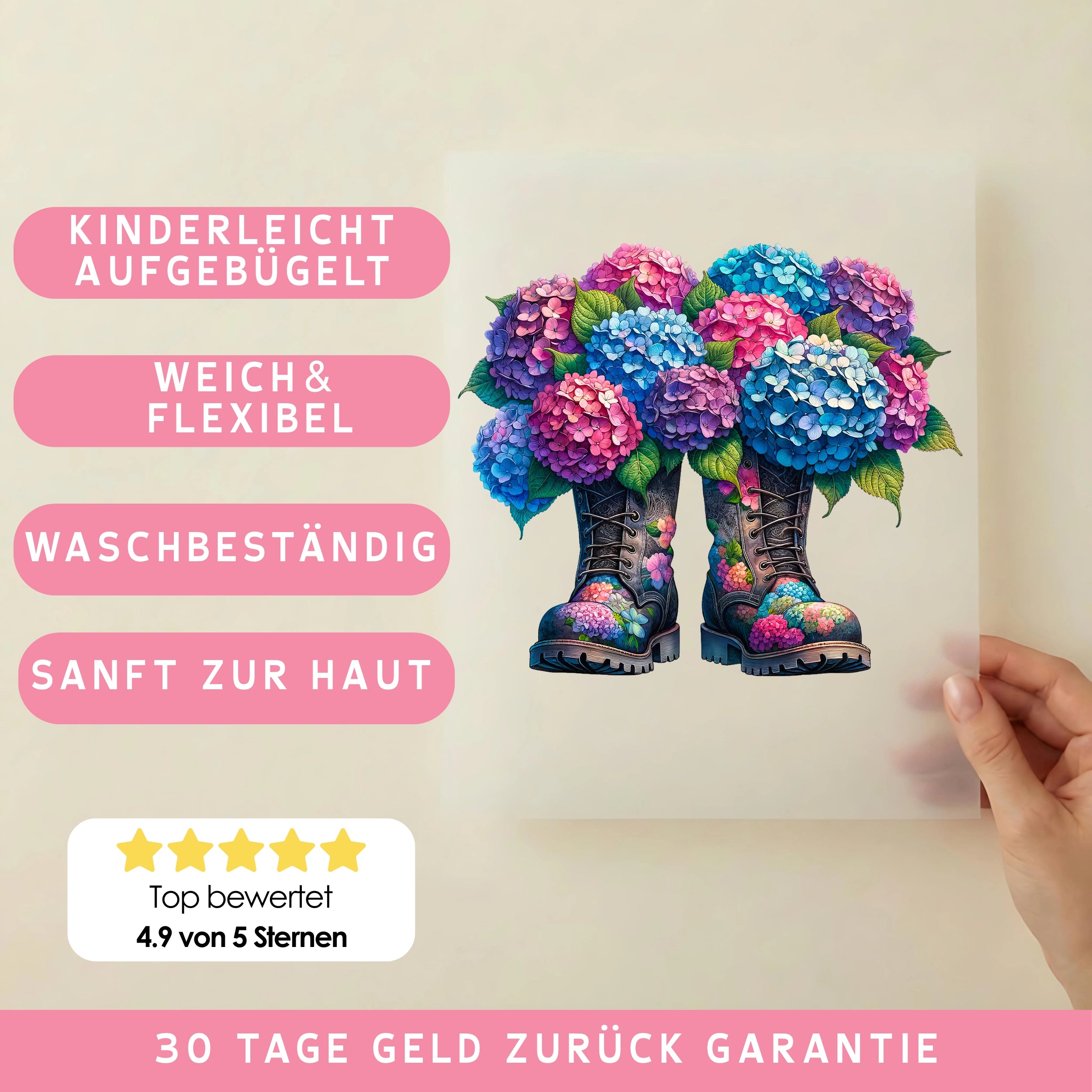 Bügelbild Stiefel Hortensien