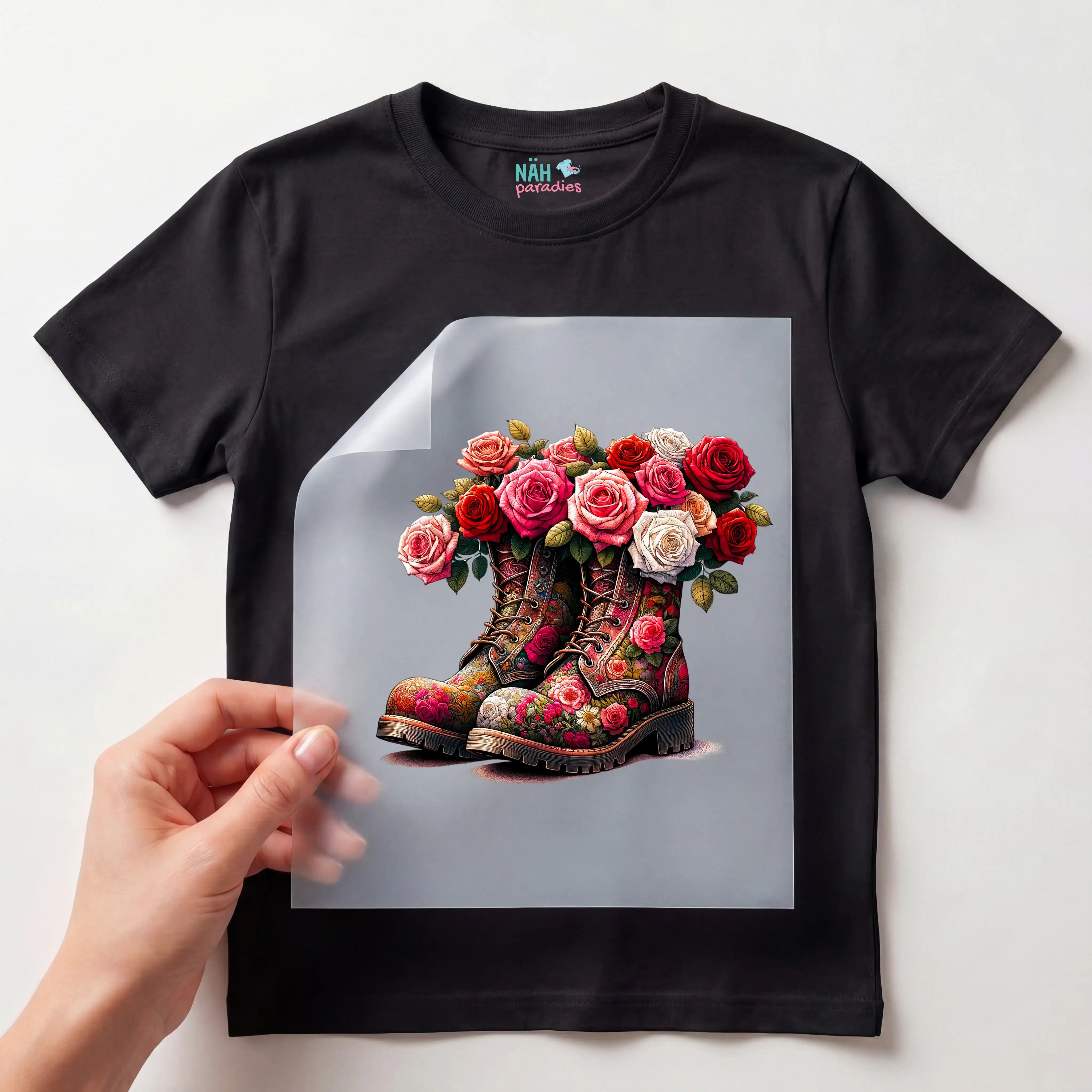 Bügelbild Stiefel Rosen