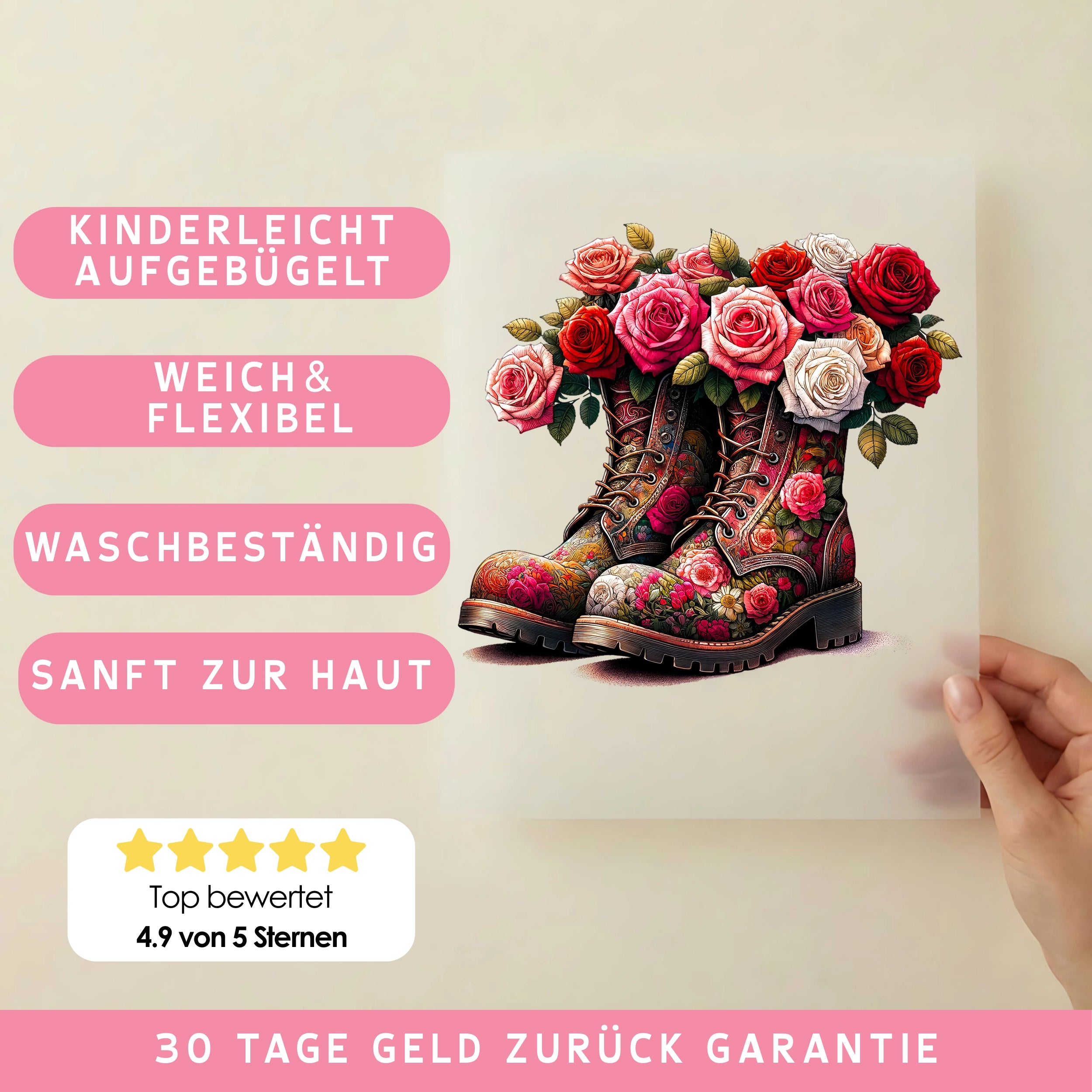 Bügelbild Stiefel Rosen
