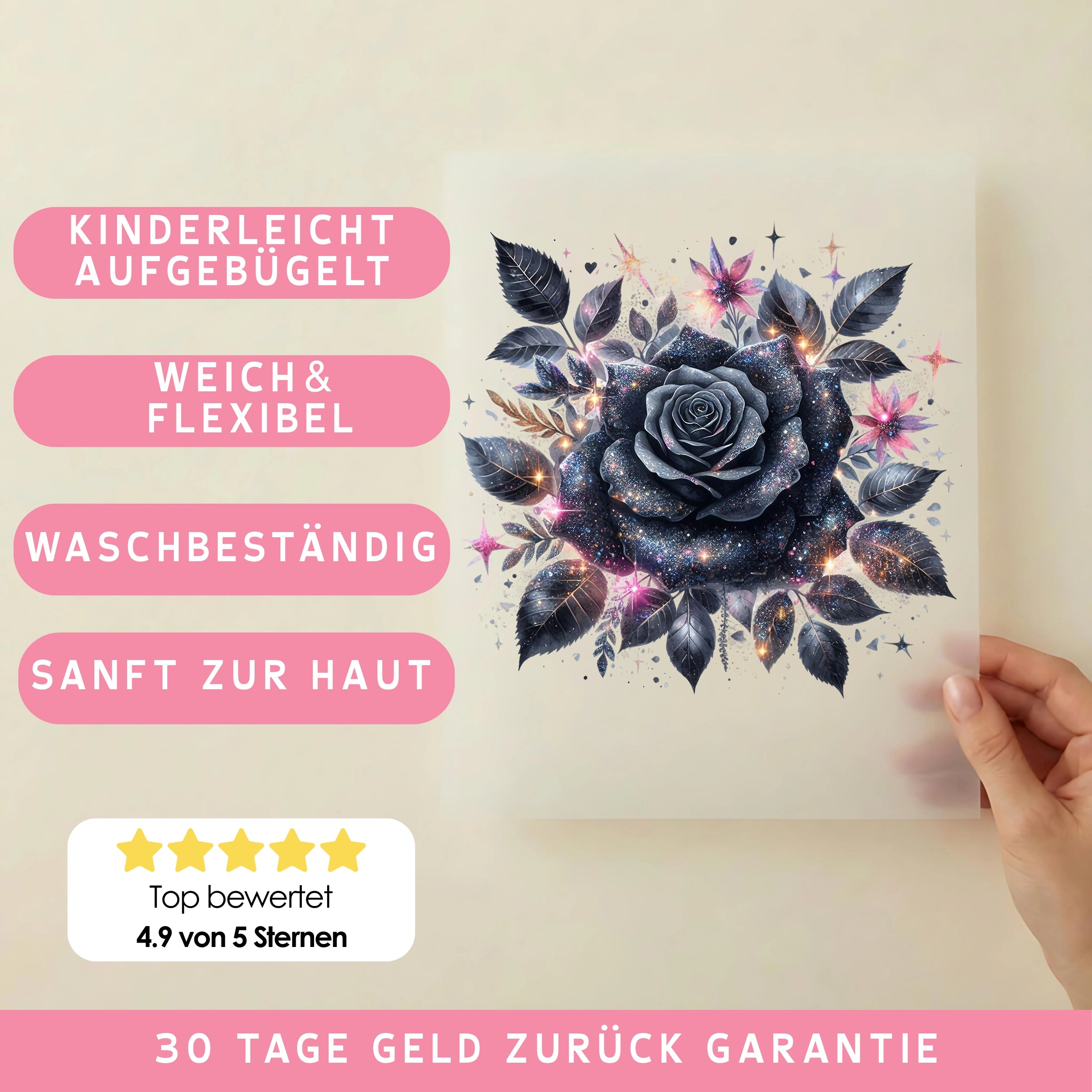 Bügelbild schwarze Rose Galaxy Night