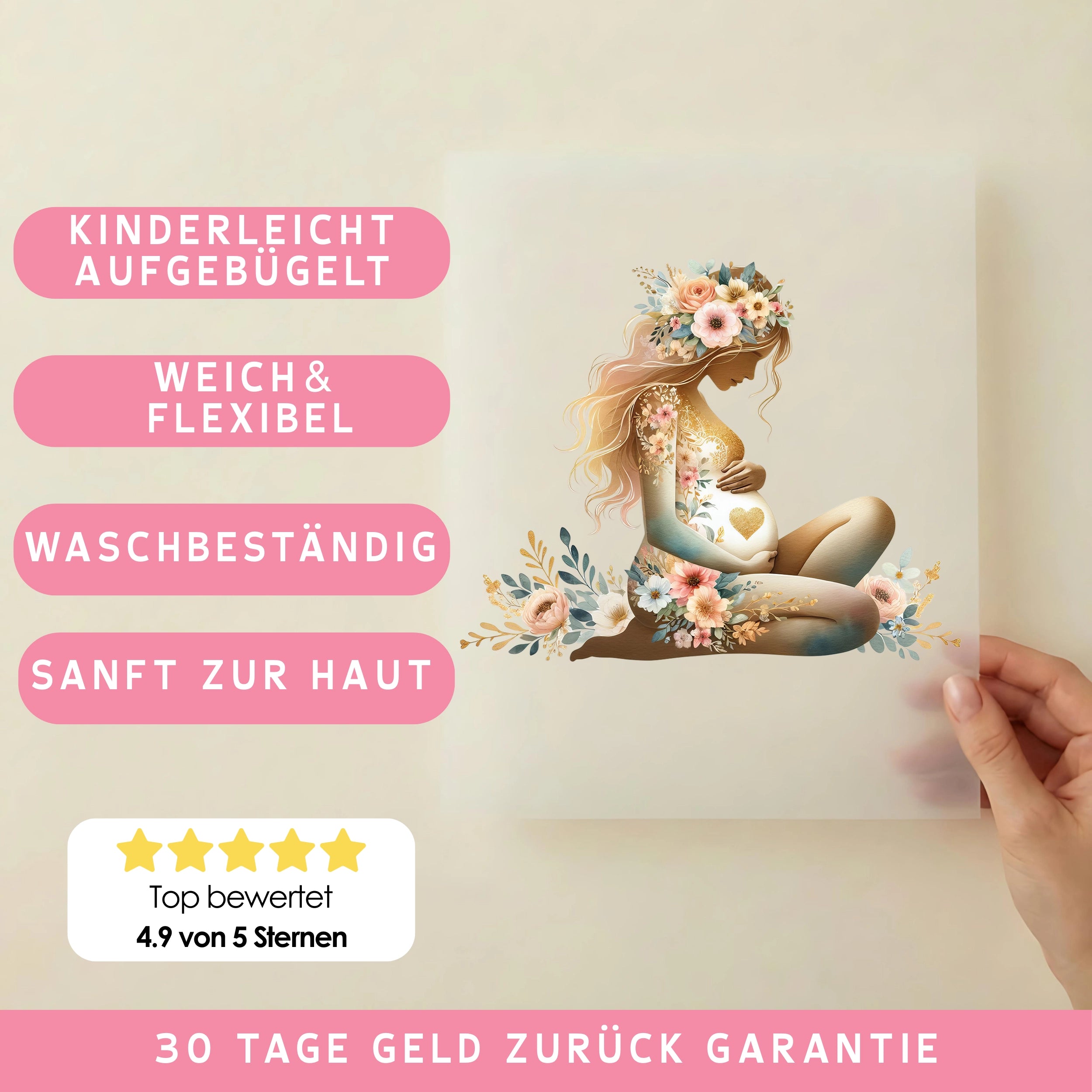 Bügelbild Schwangerschaft Babyglück in Blüten