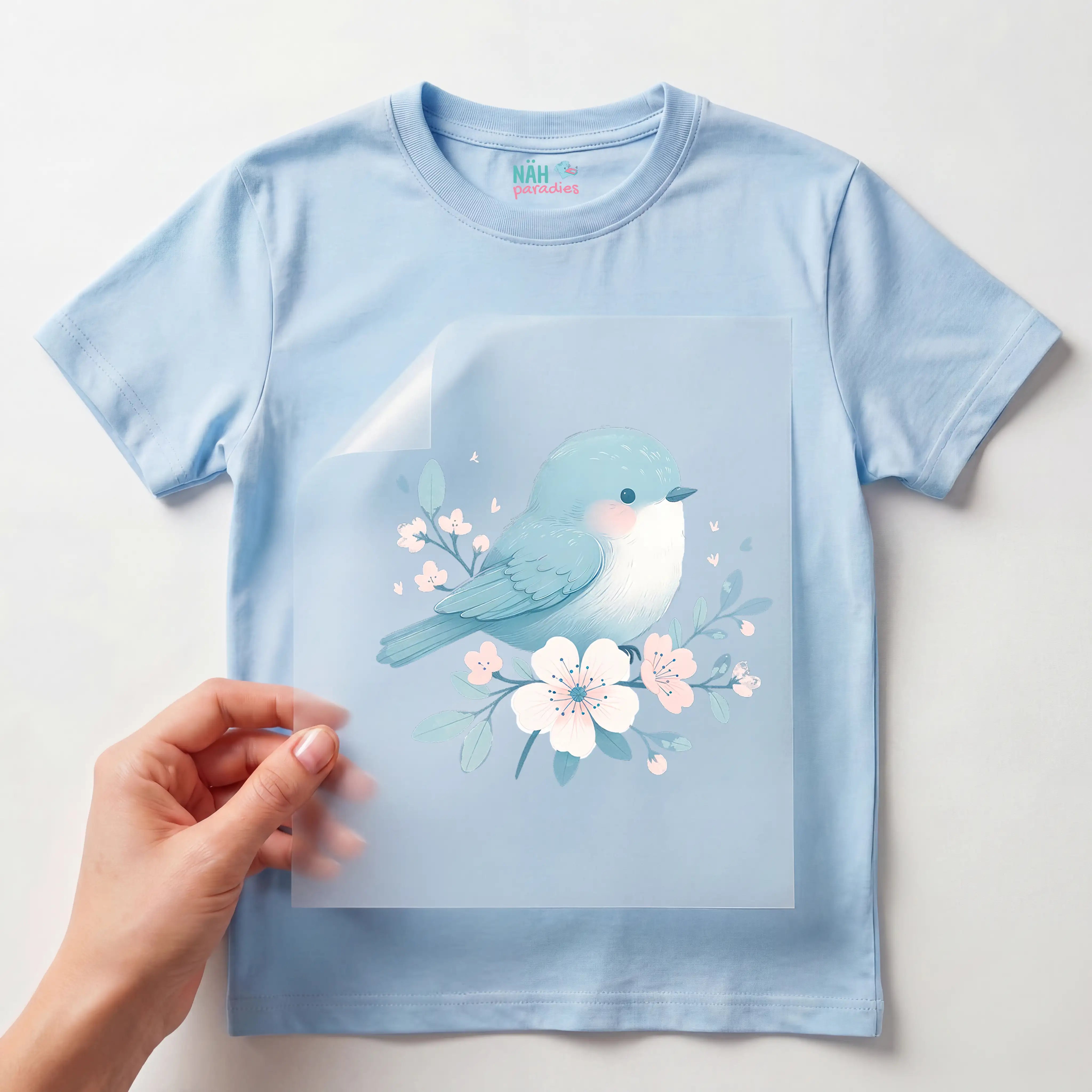 Bügelbild Blauer Blüten Vogel