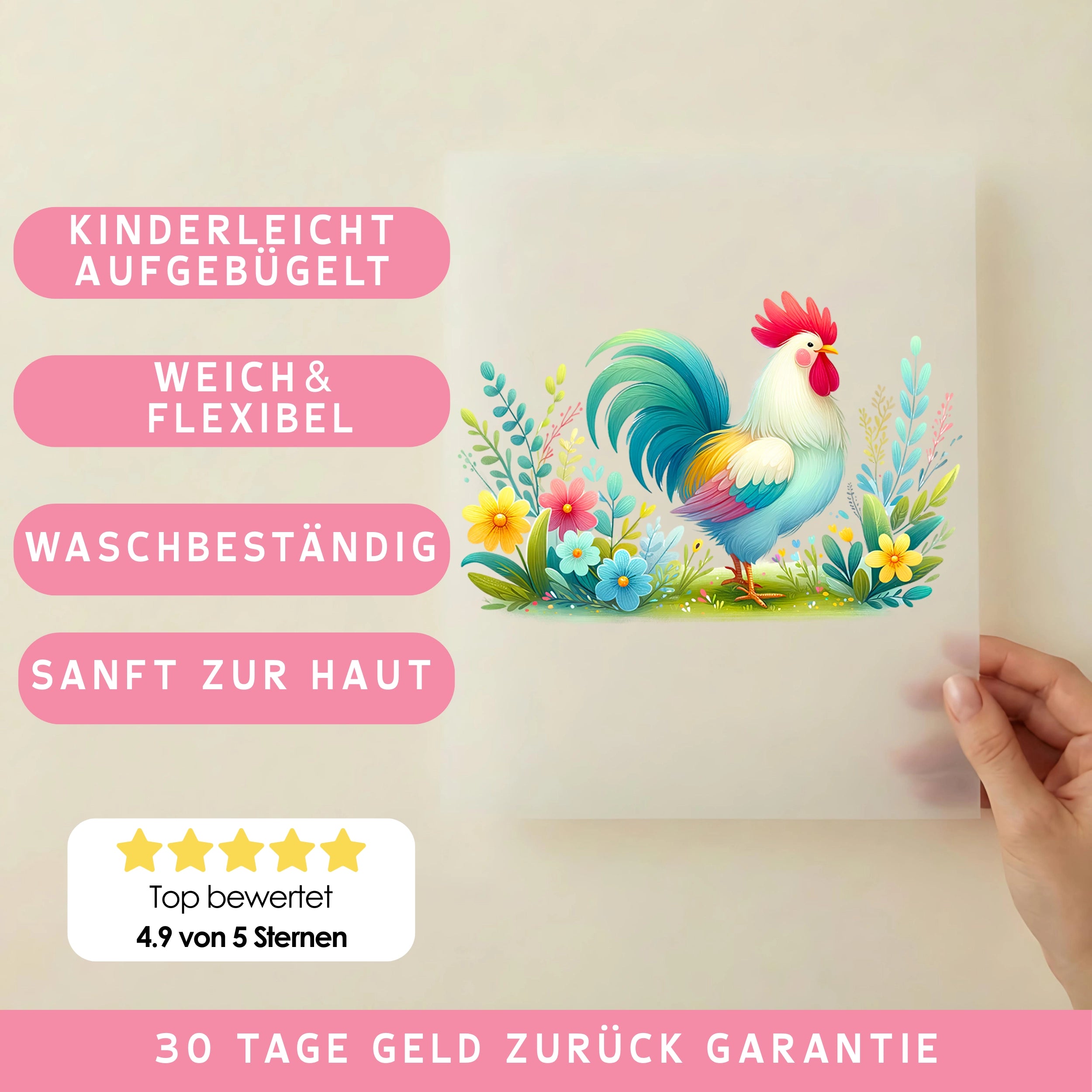 Bügelbild Blüten Hahn