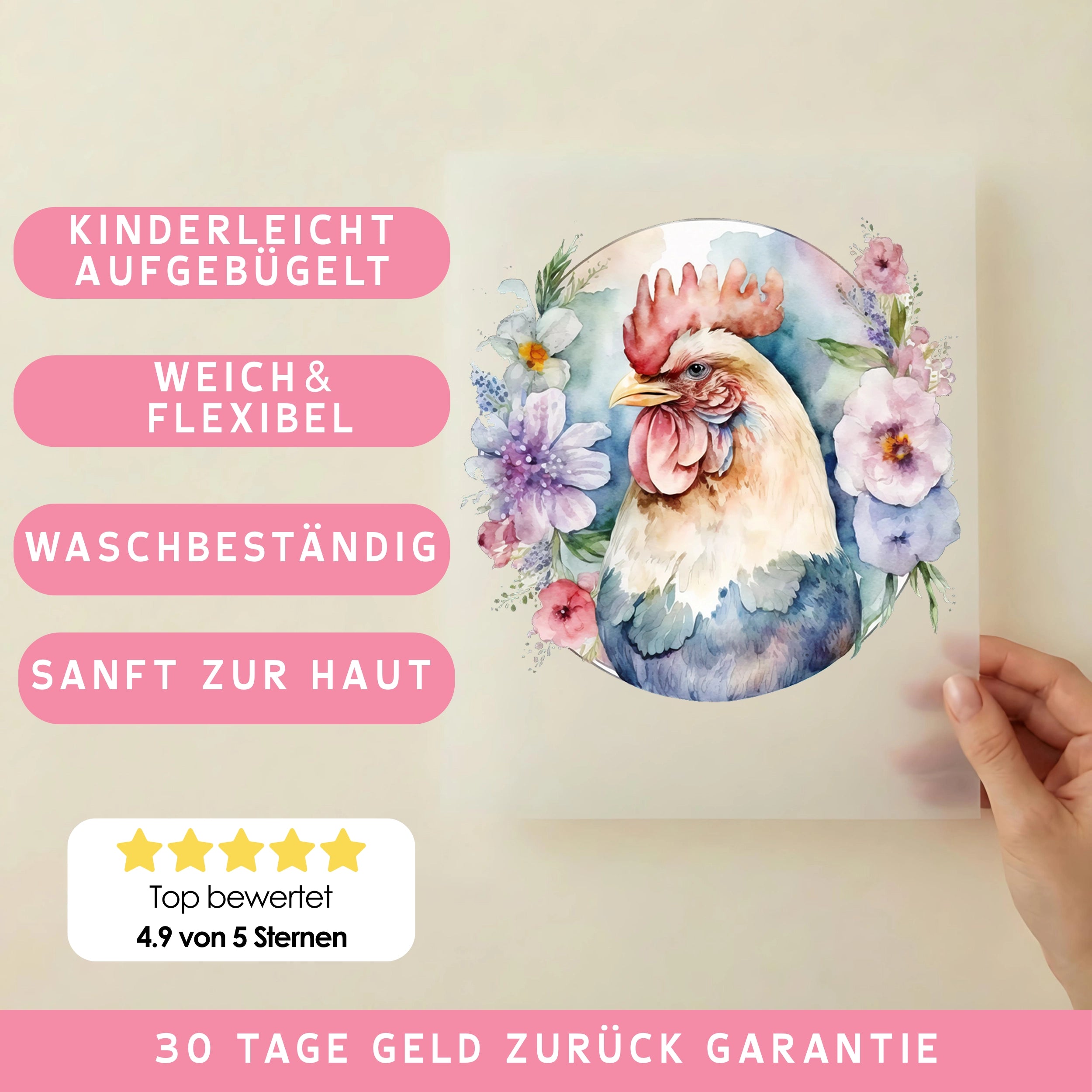 Bügelbild Hahn Blütefeder