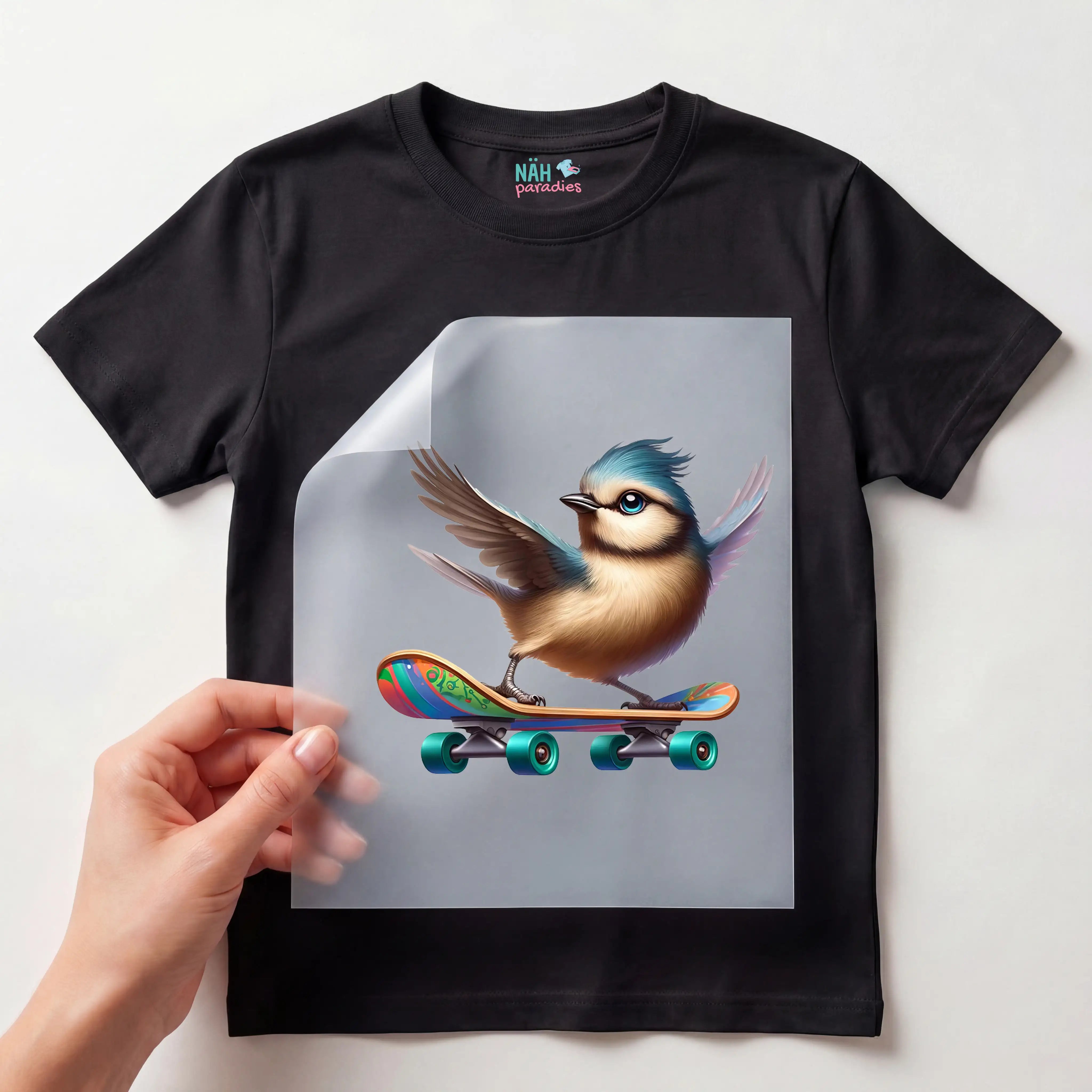 Bügelbild Skateboard Piepmatz