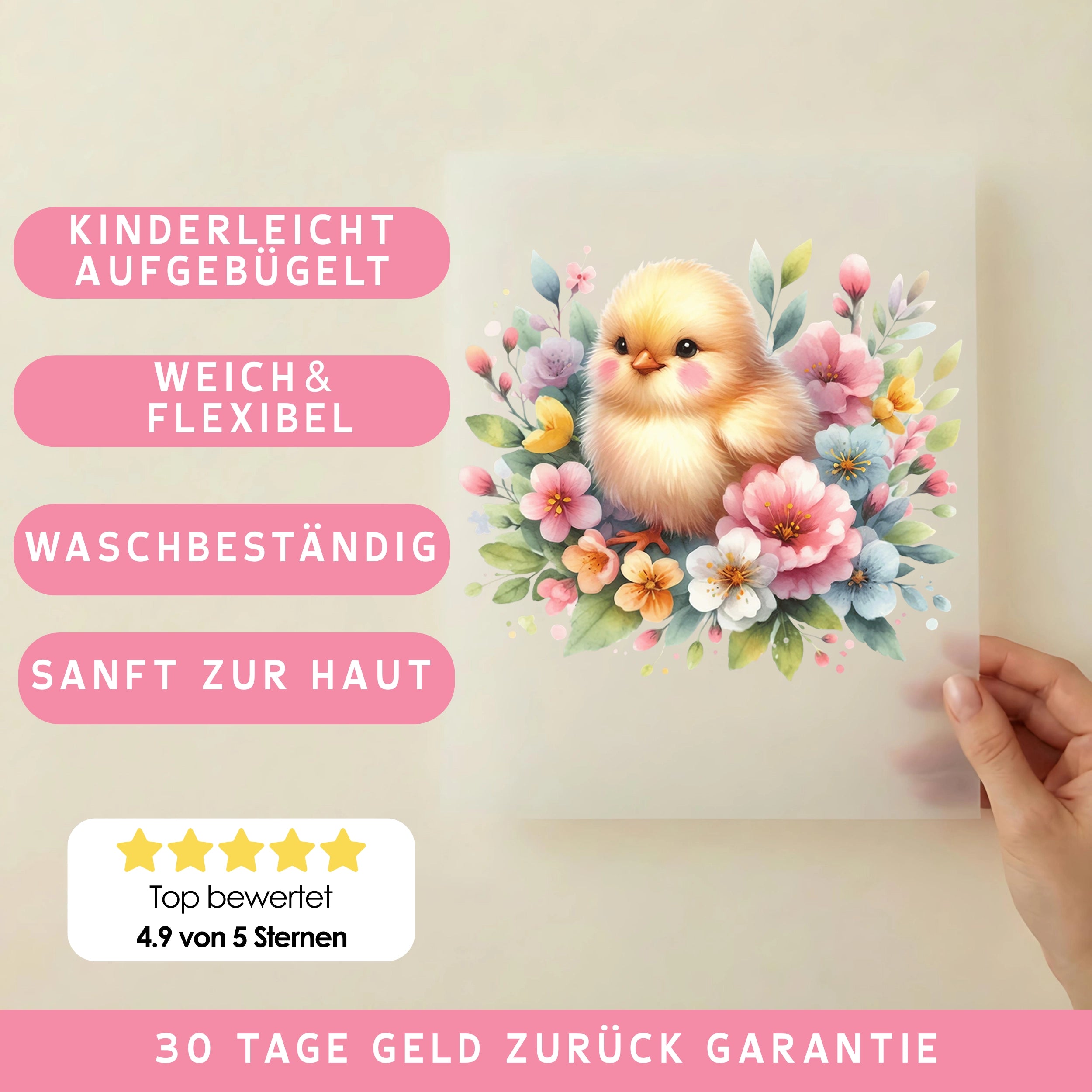 Bügelbild Küken in Blütenpracht