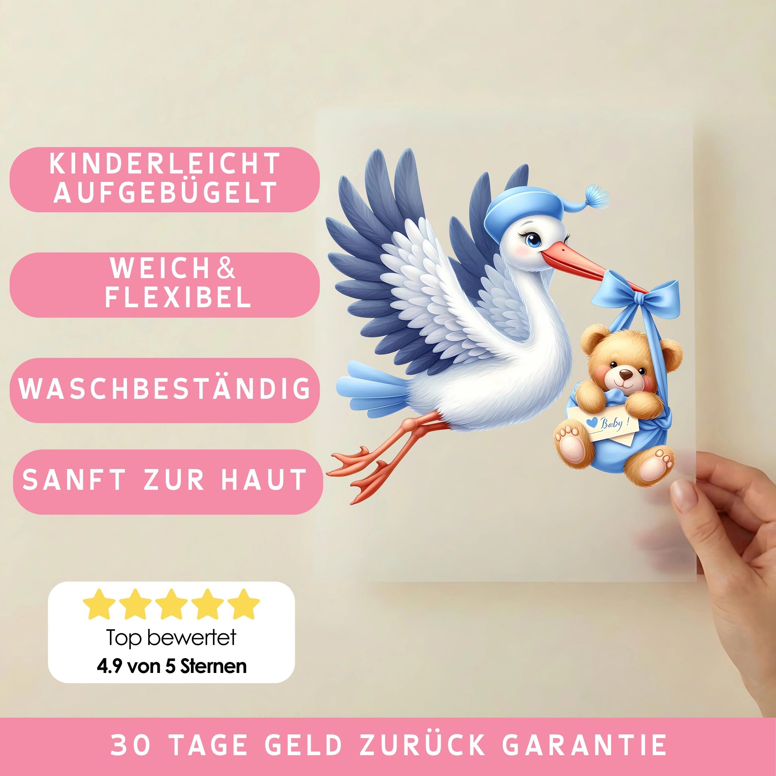 Bügelbild Storch Babyglück Junge