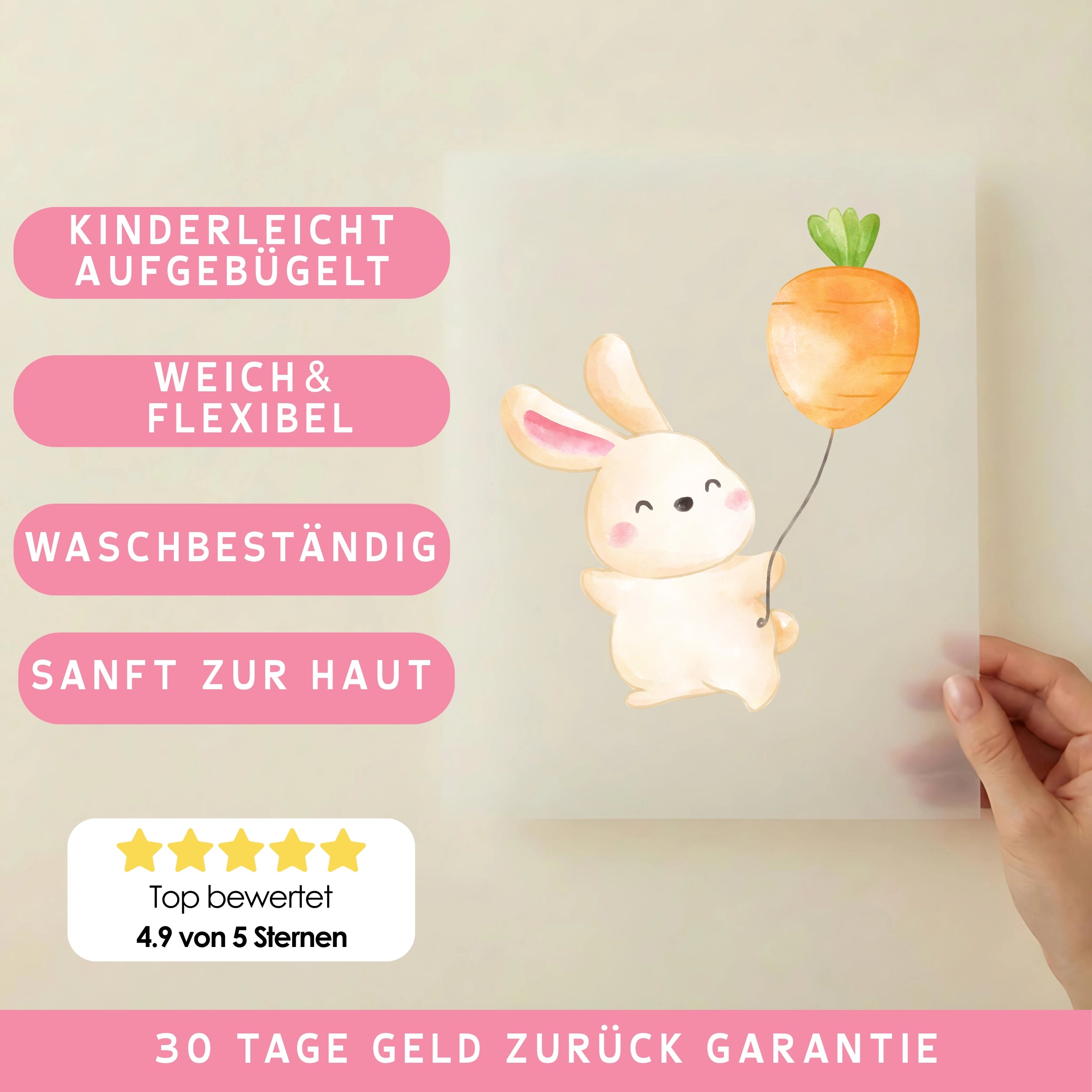 Bügelbild Hase Karottenluftballon