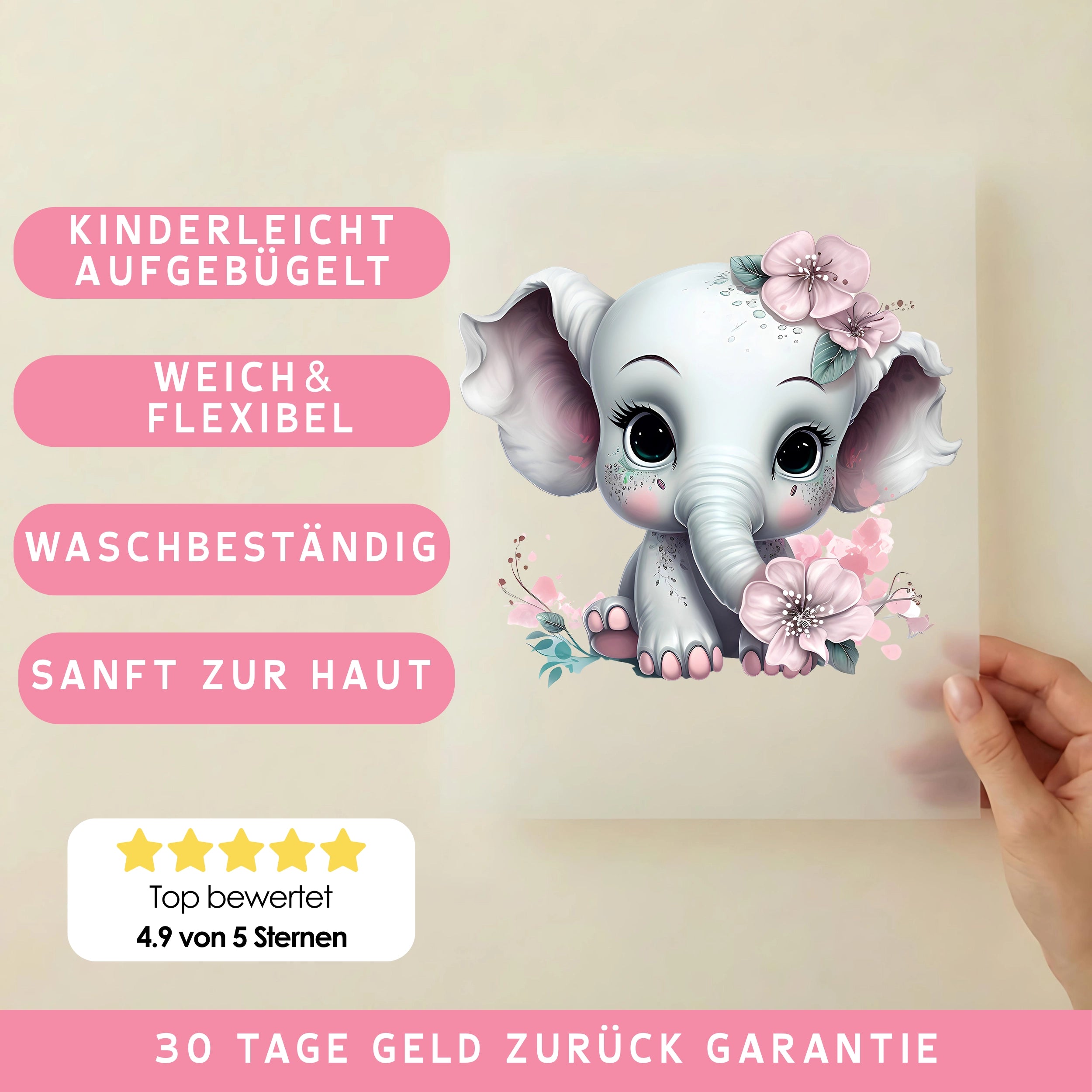Bügelbild Elefant Baby Rosa