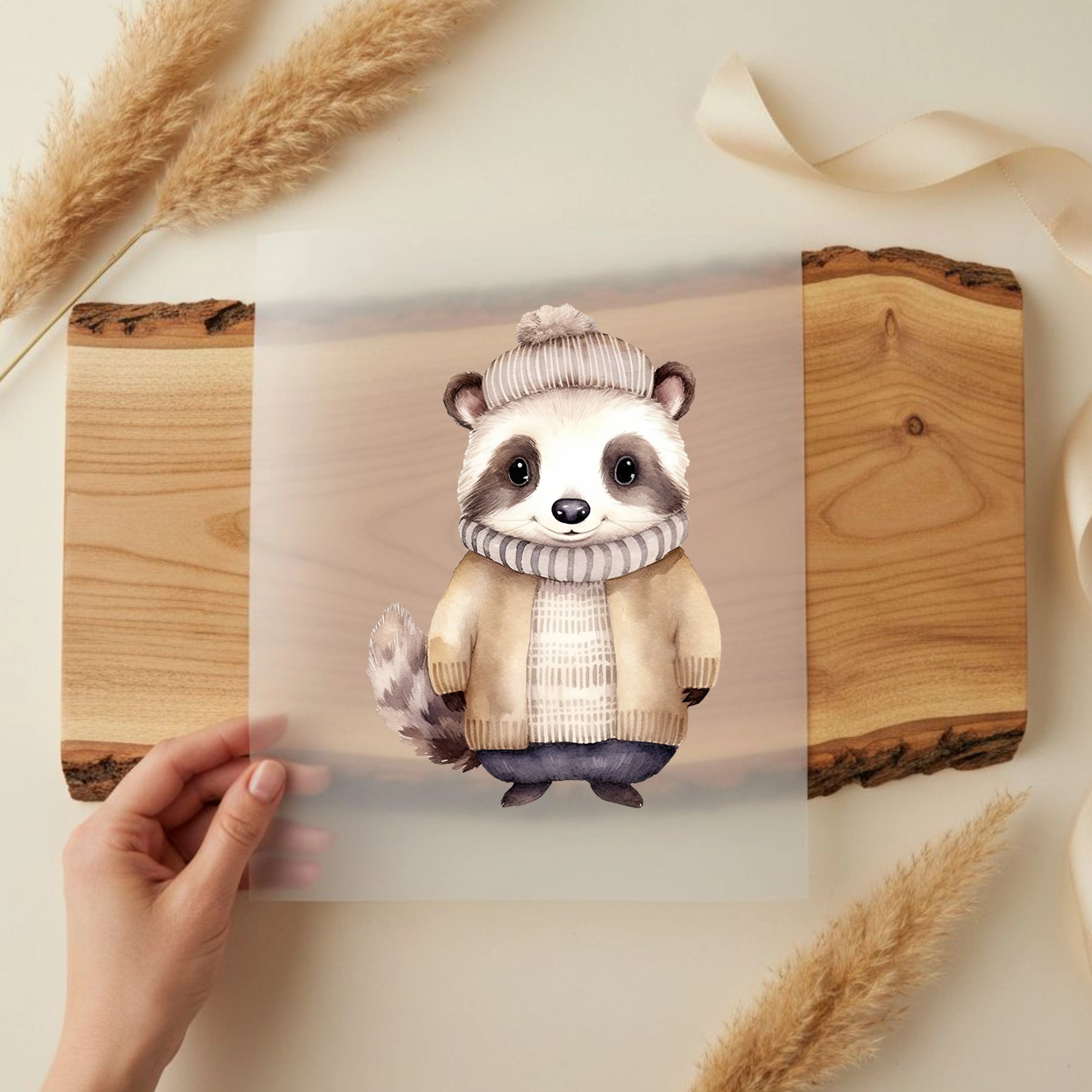 Bügelbild Winter Waschbär Hugo Beige