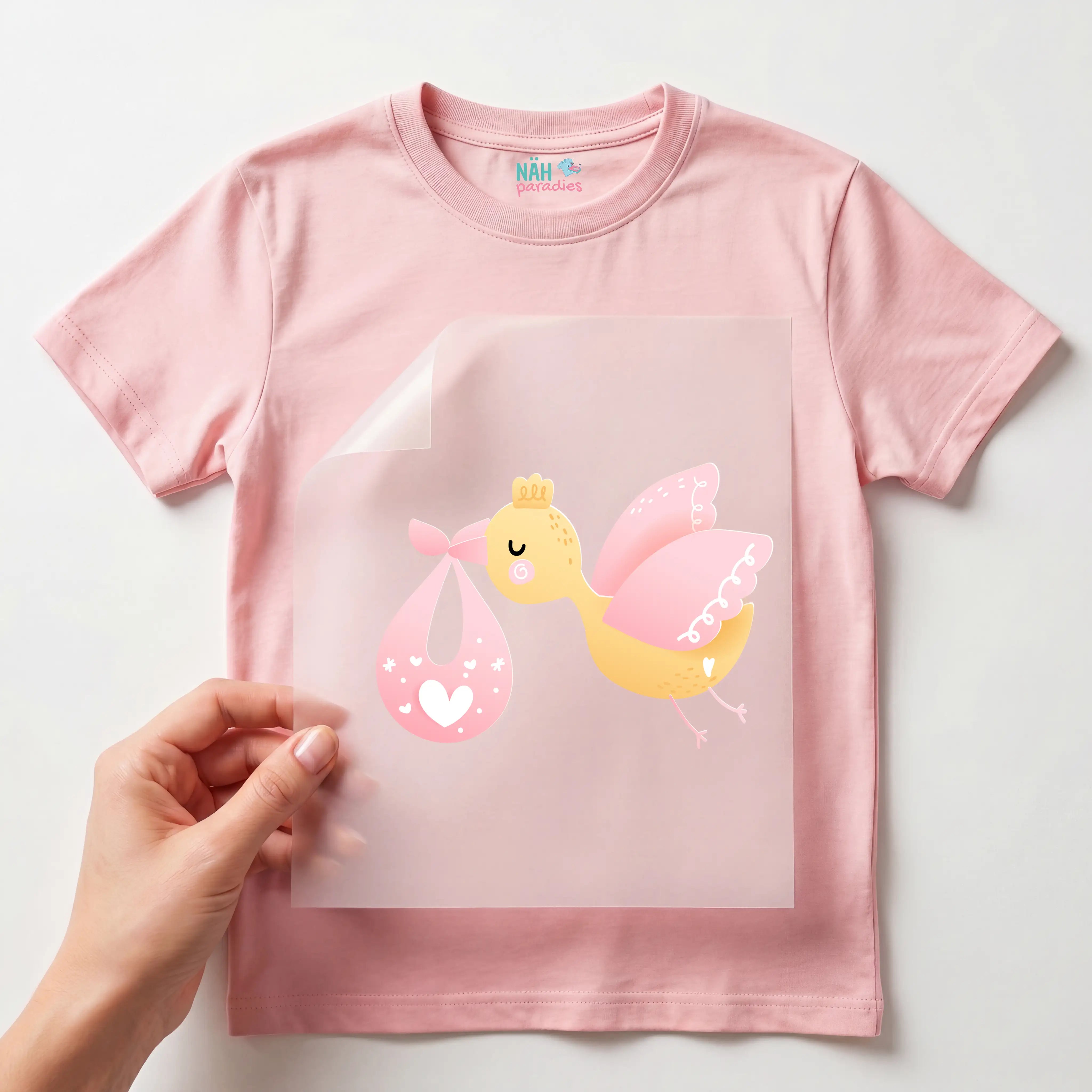 Bügelbild Storch Rosa