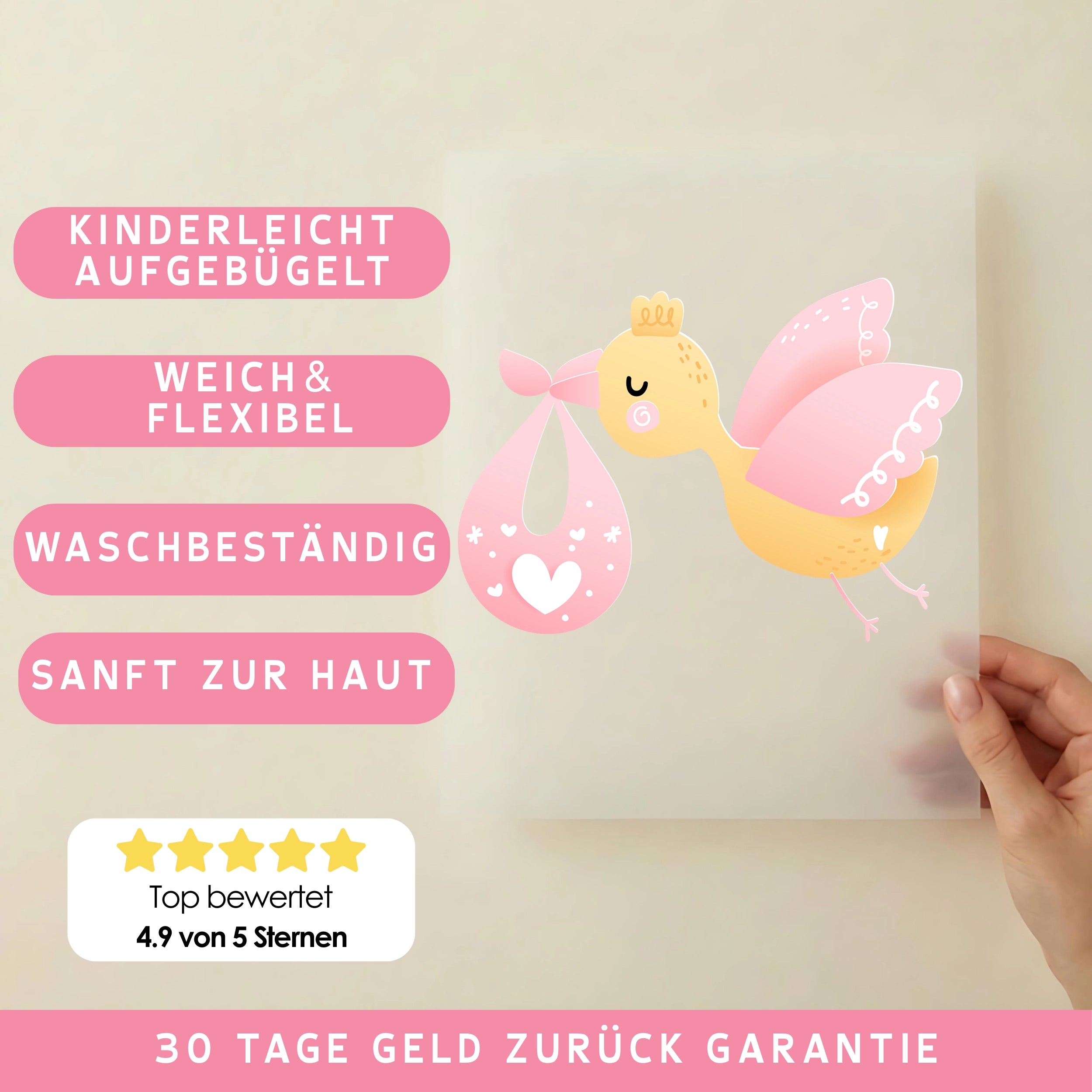 Bügelbild Storch Rosa