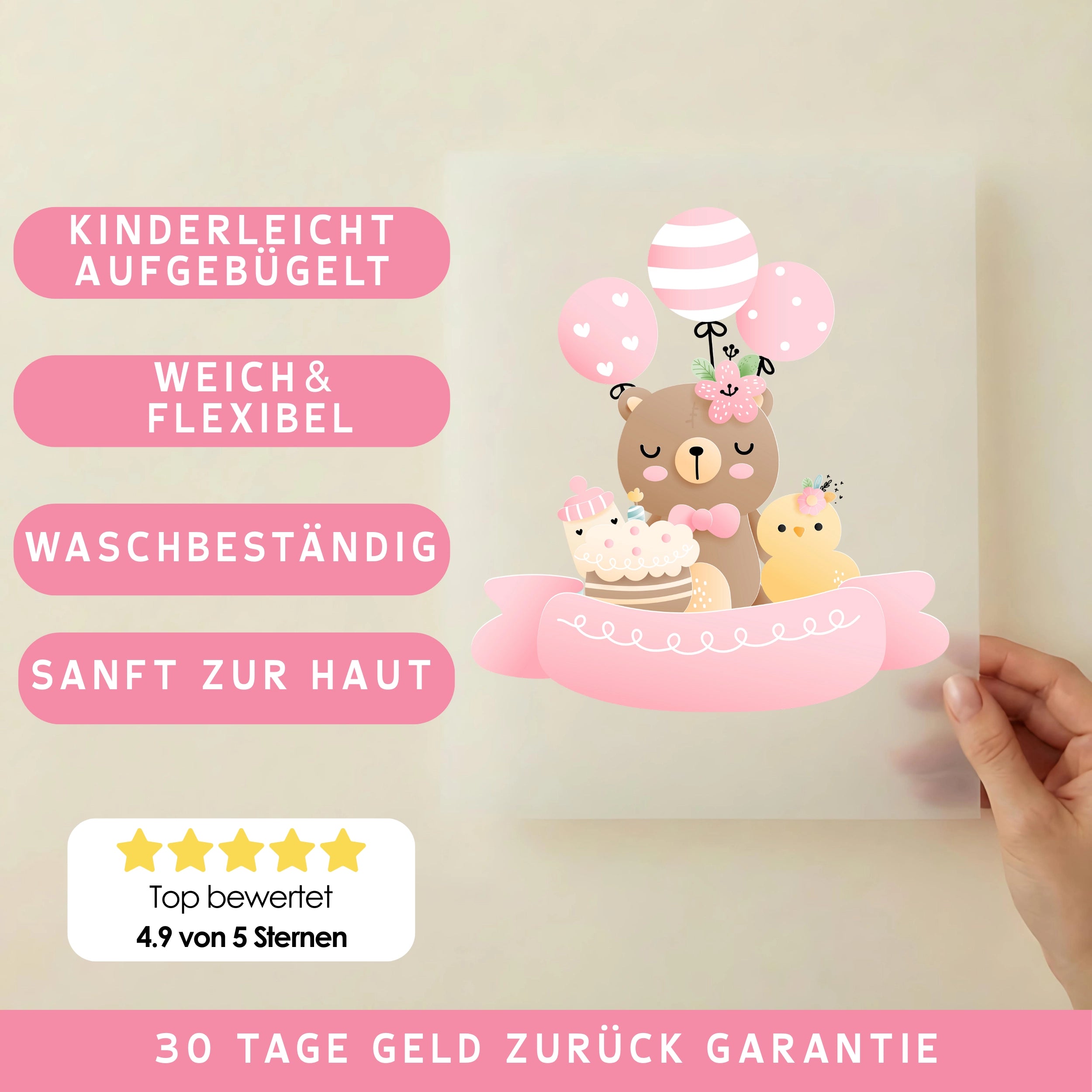 Bügelbild Bären Geburtstag Rosa
