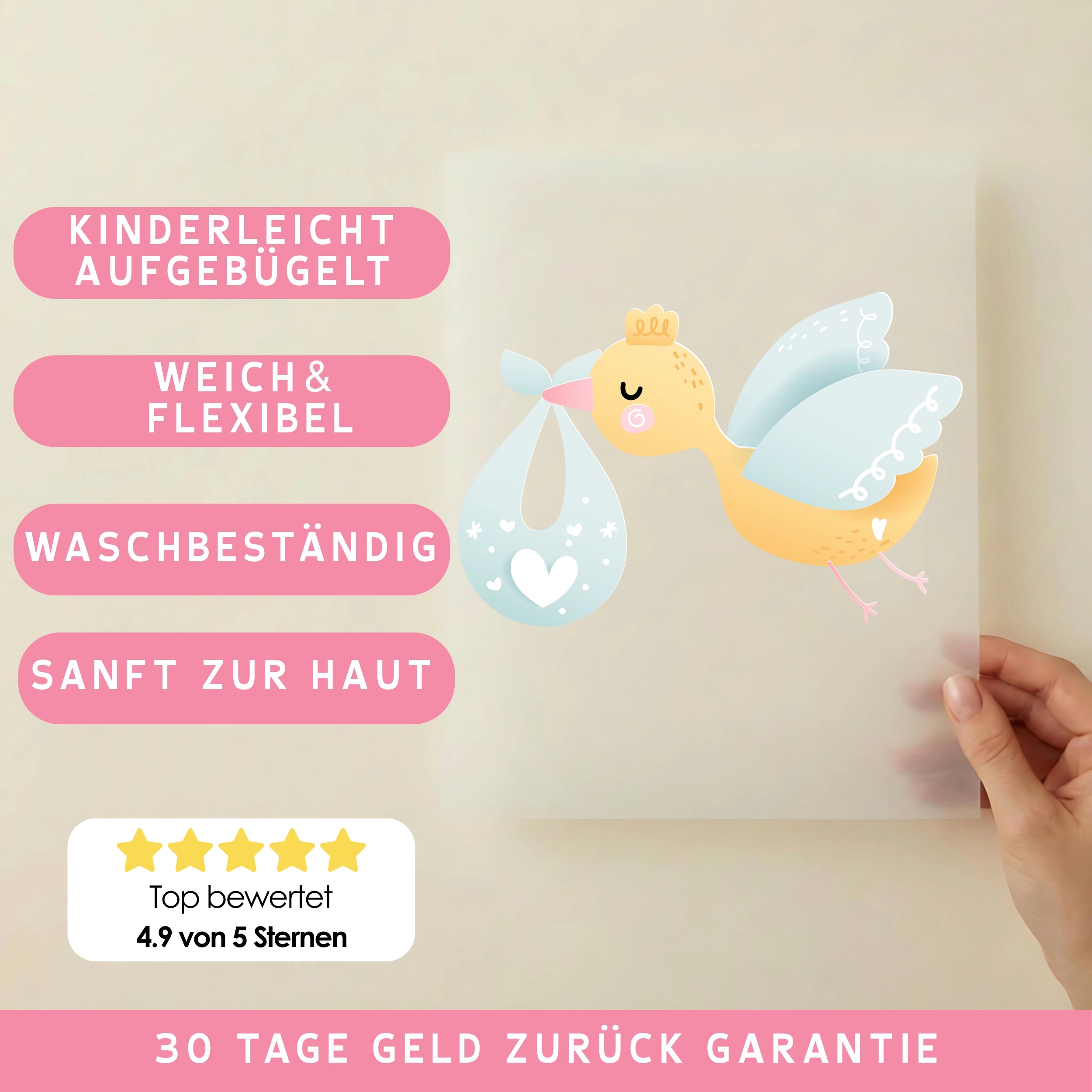 Bügelbild Storch blau