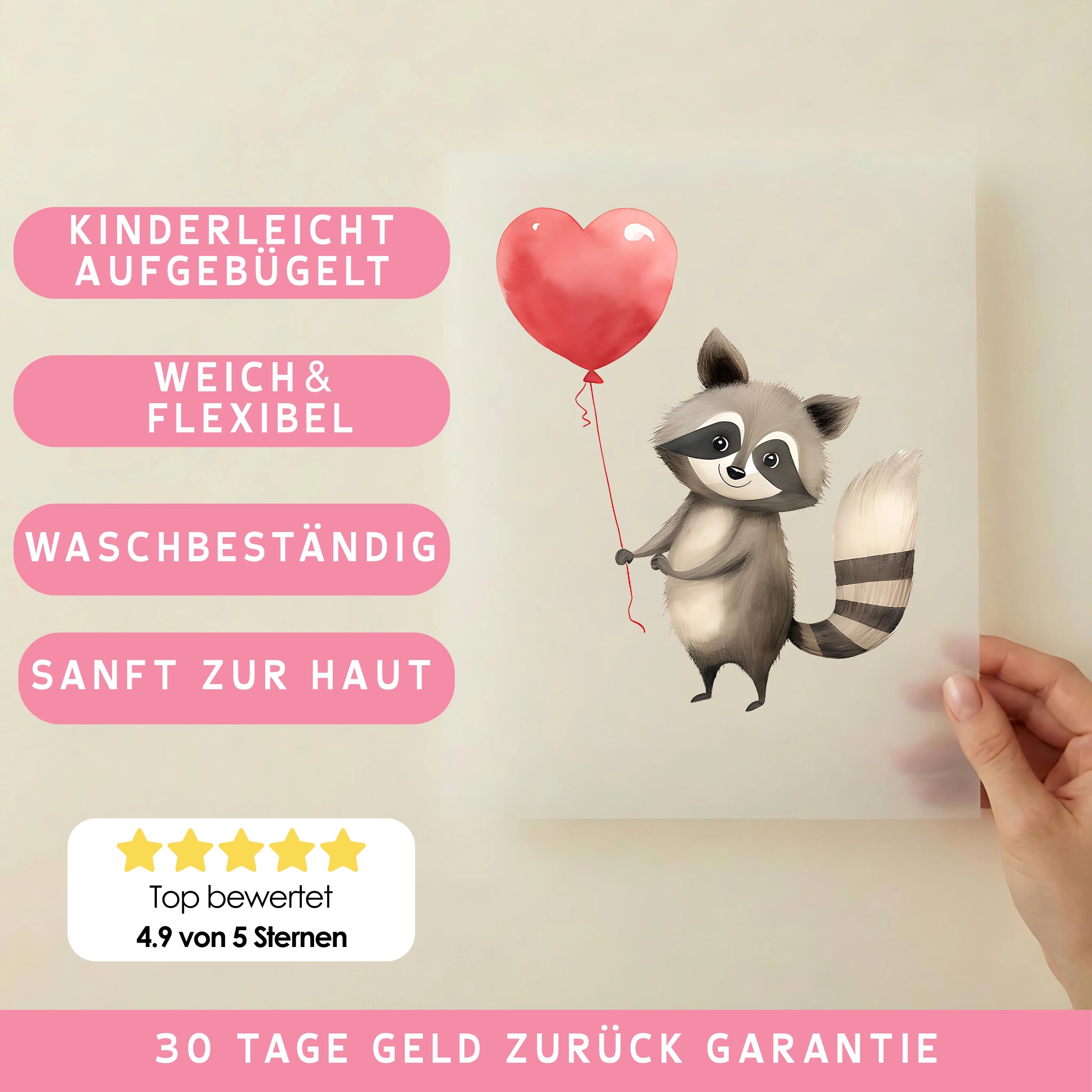 Bügelbild Waschbär Herzluftballon