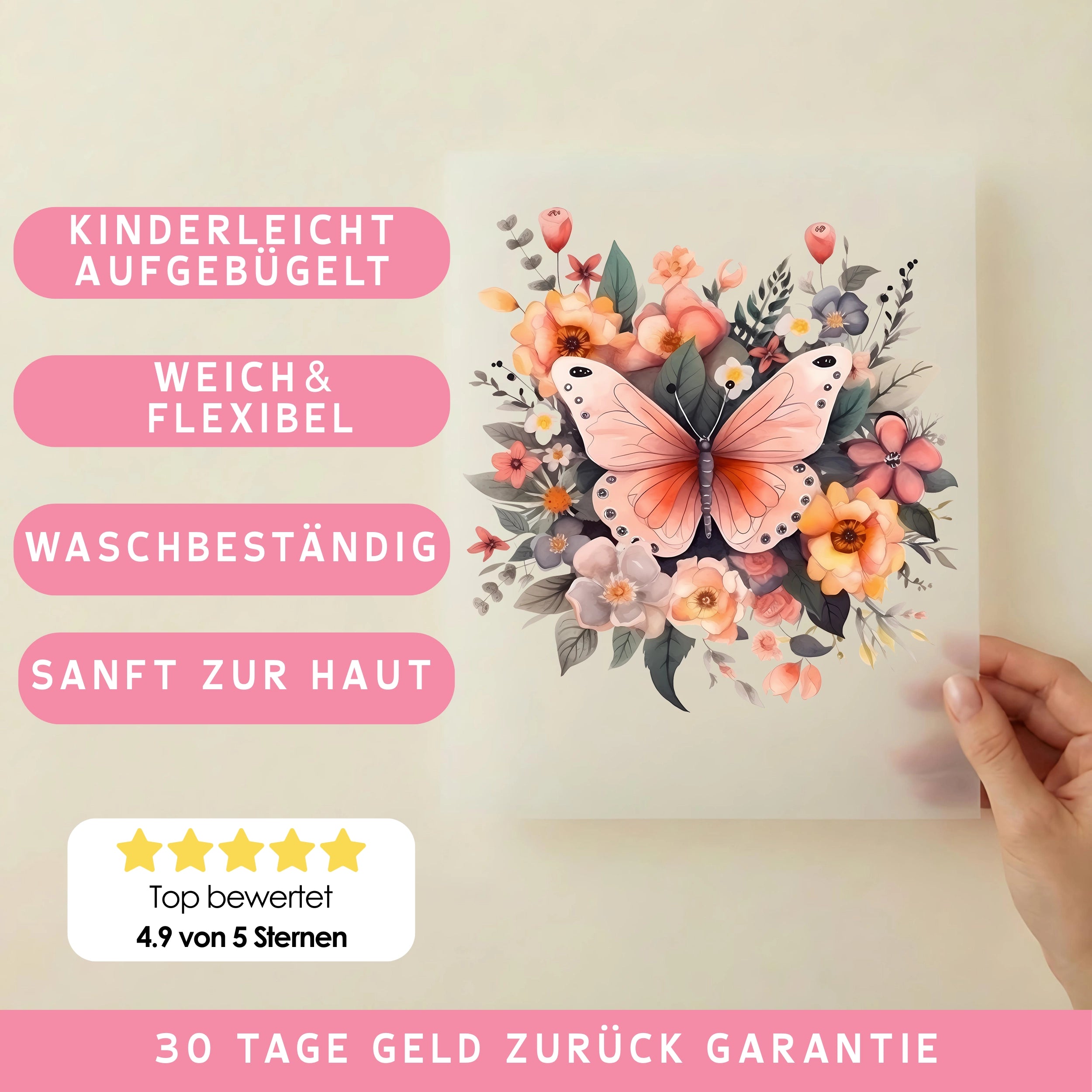 Bügelbild Rosa Blütenfalter