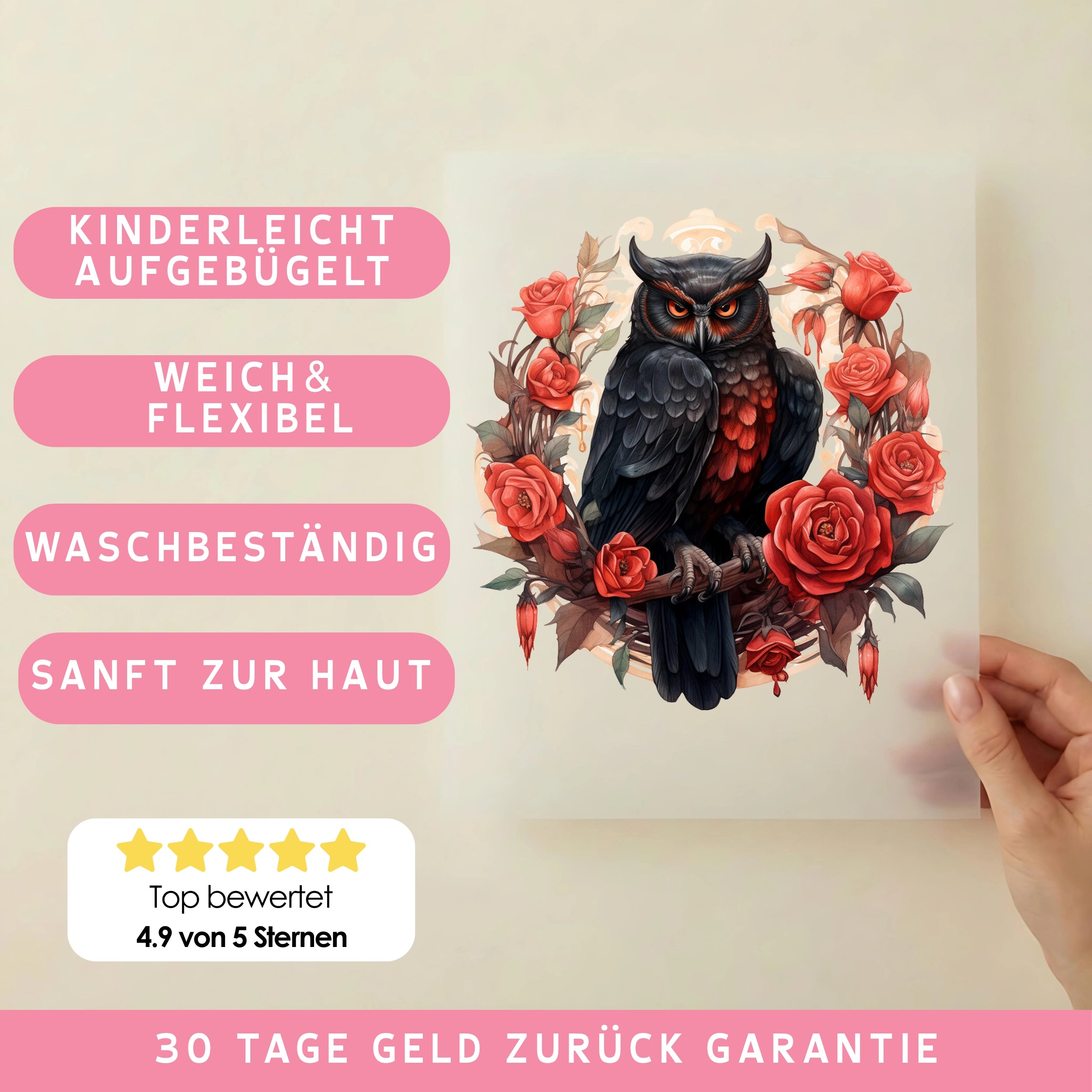 Bügelbild Schwarze Rosen Eule