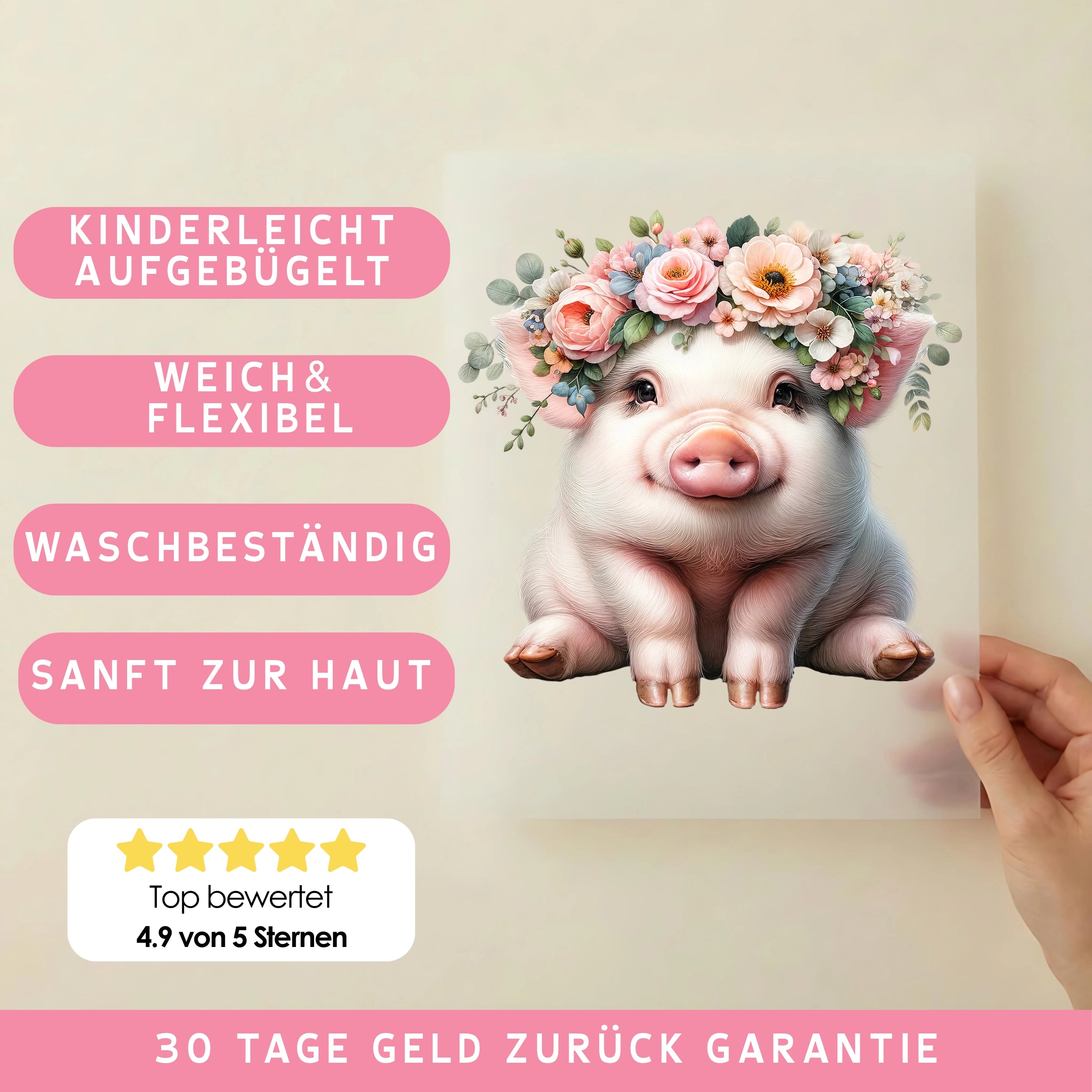 Bügelbild süßes Blumen Schweinchen Pinka