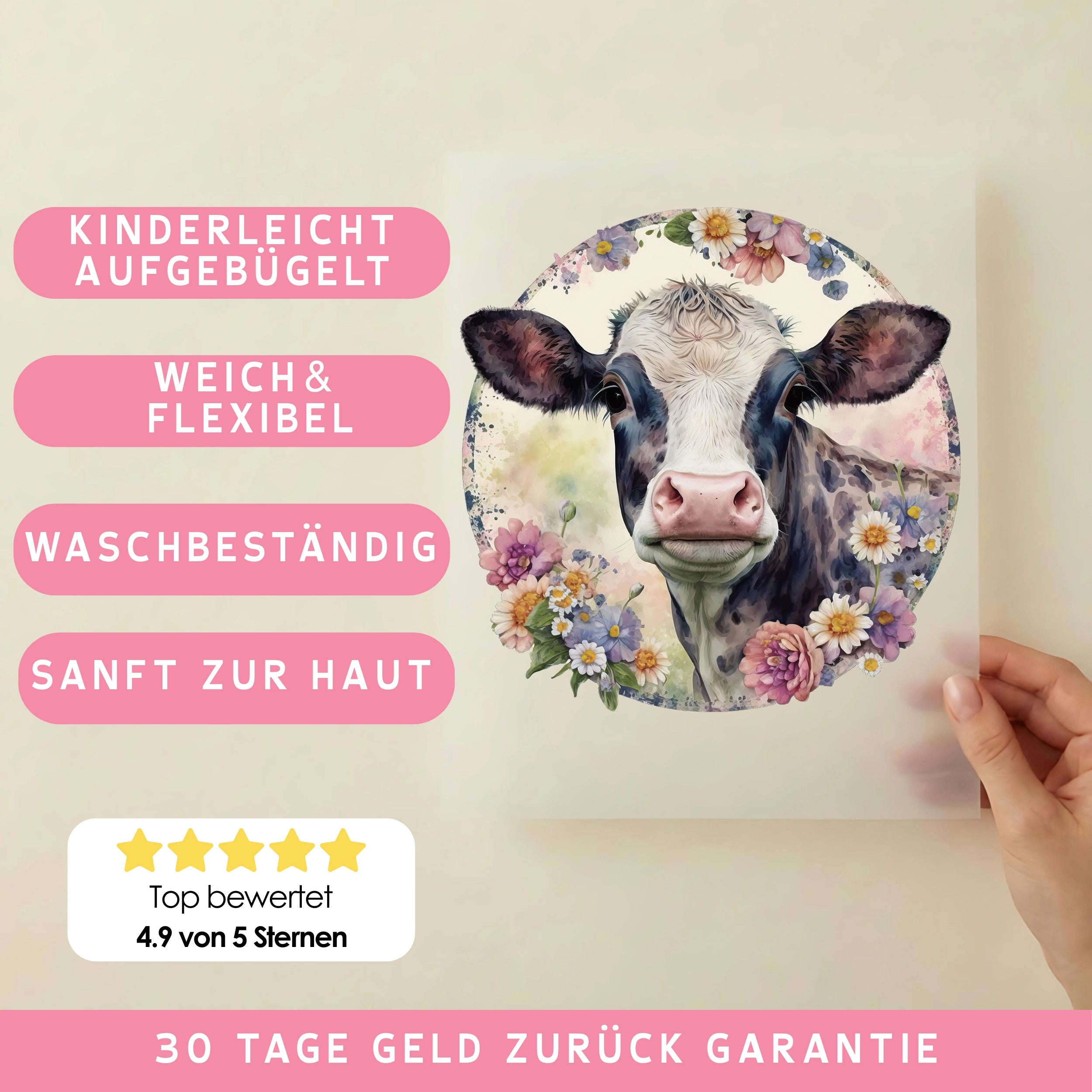 Bügelbild Kuh Blumenweide