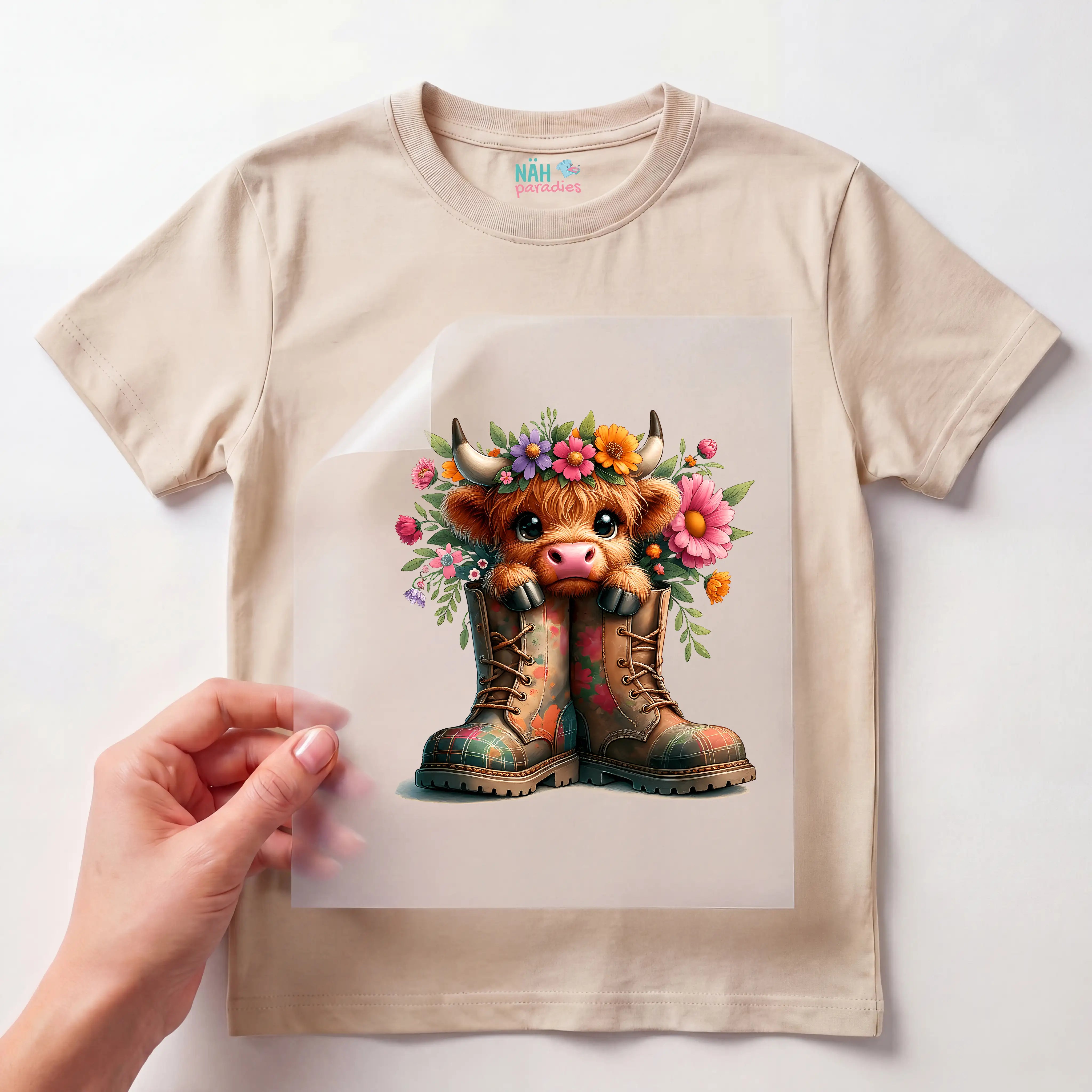 Bügelbild Highland Kuh Pippa im Stiefel