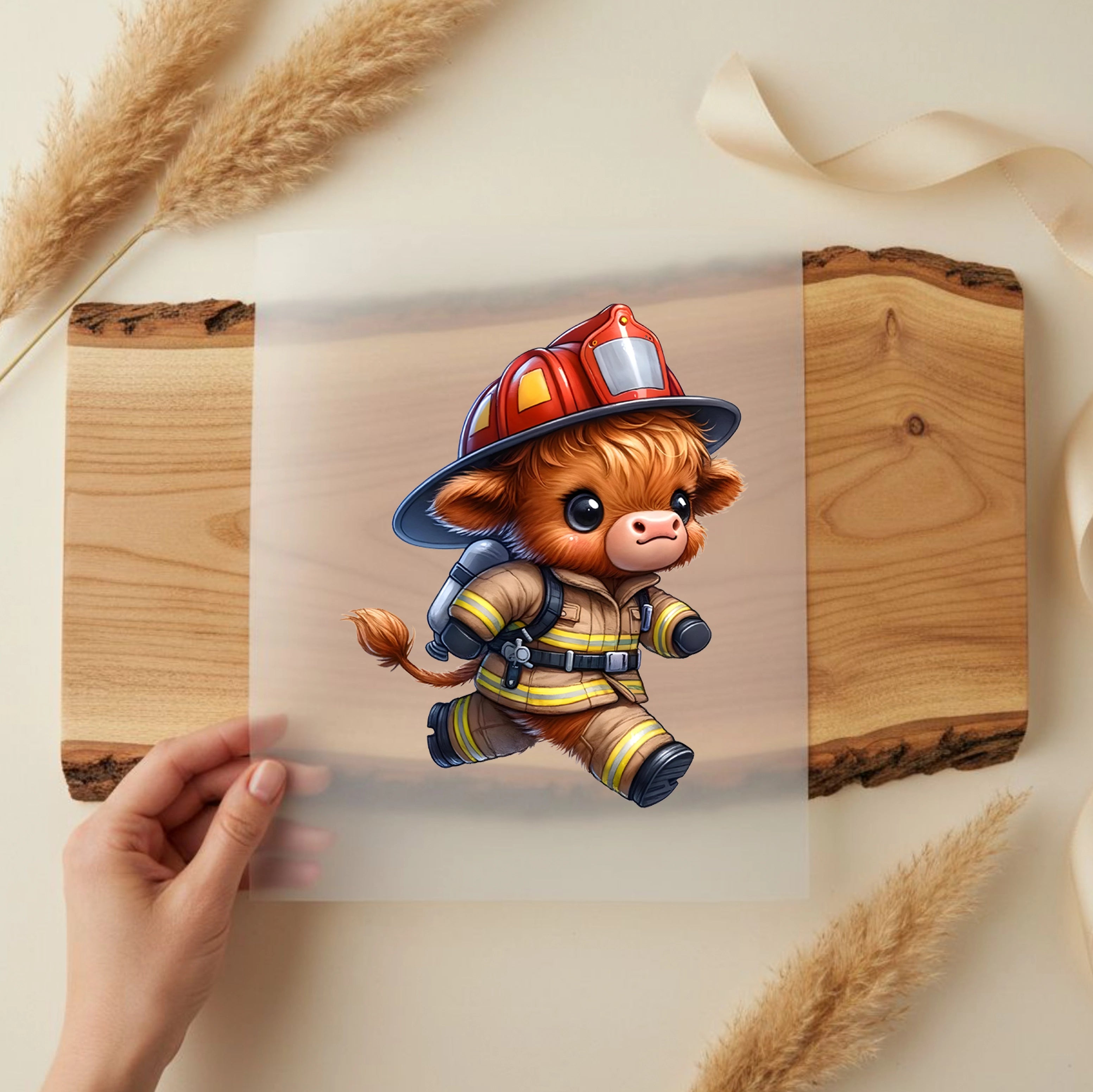 Bügelbild Highland Kuh Feuerwehrheld