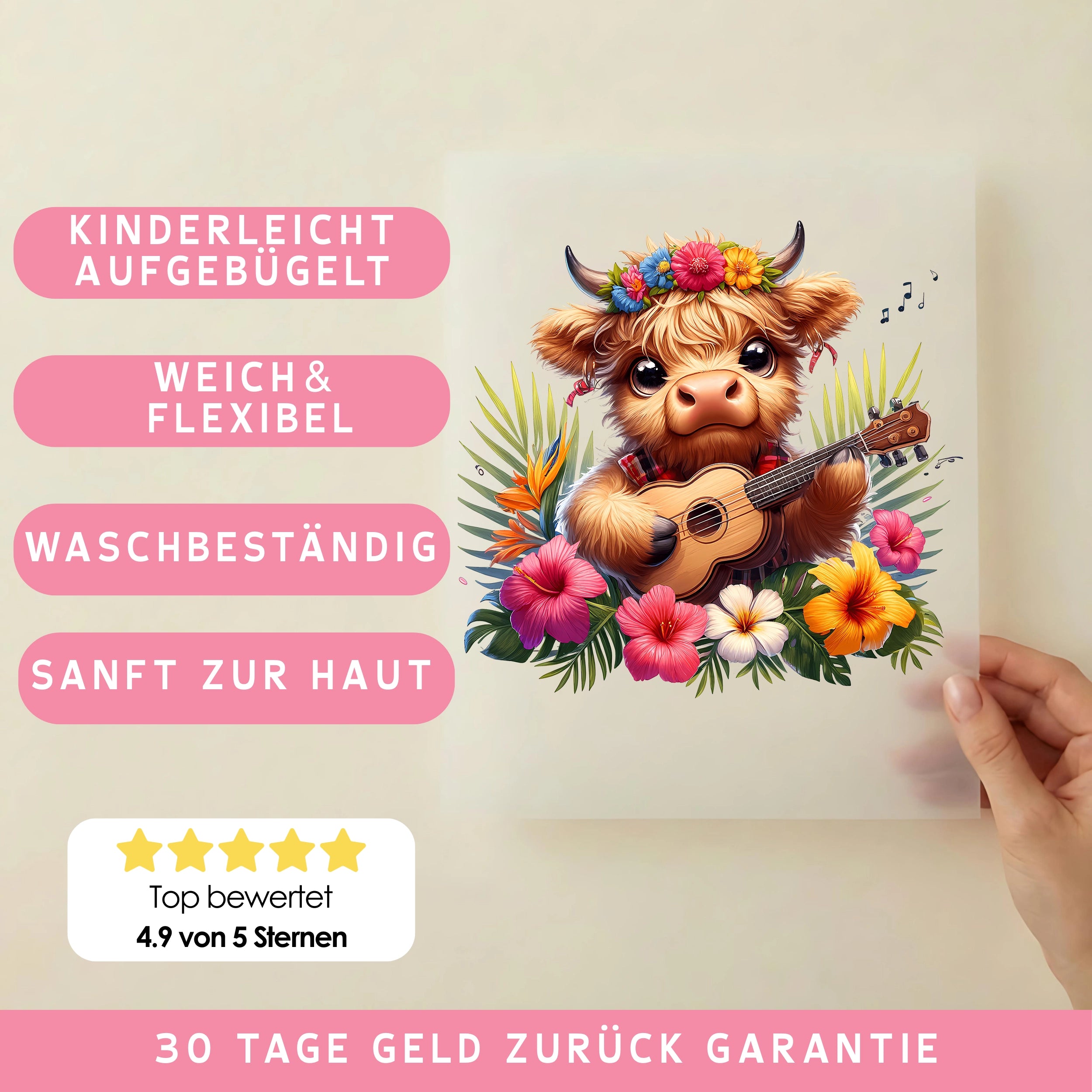 Bügelbild Musikkuh auf Hawaii