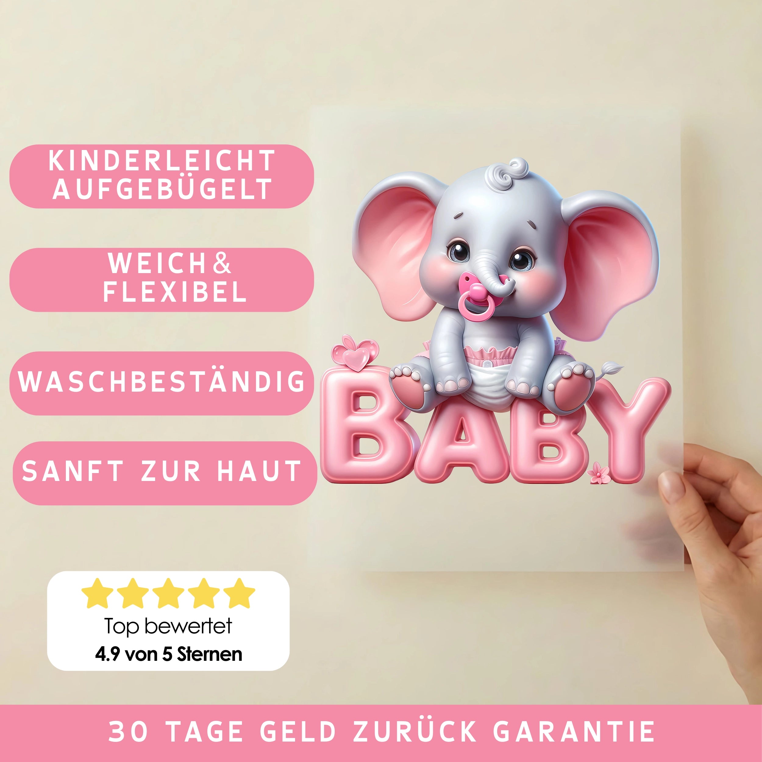 Bügelbild Baby Elefant Rosa