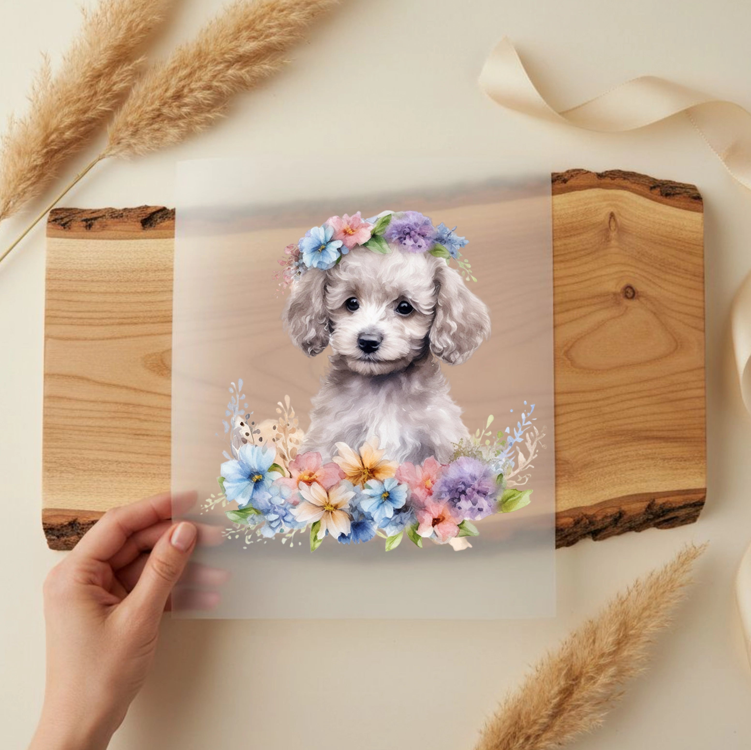 Bügelbild Hund Pudel Weiß Blumen