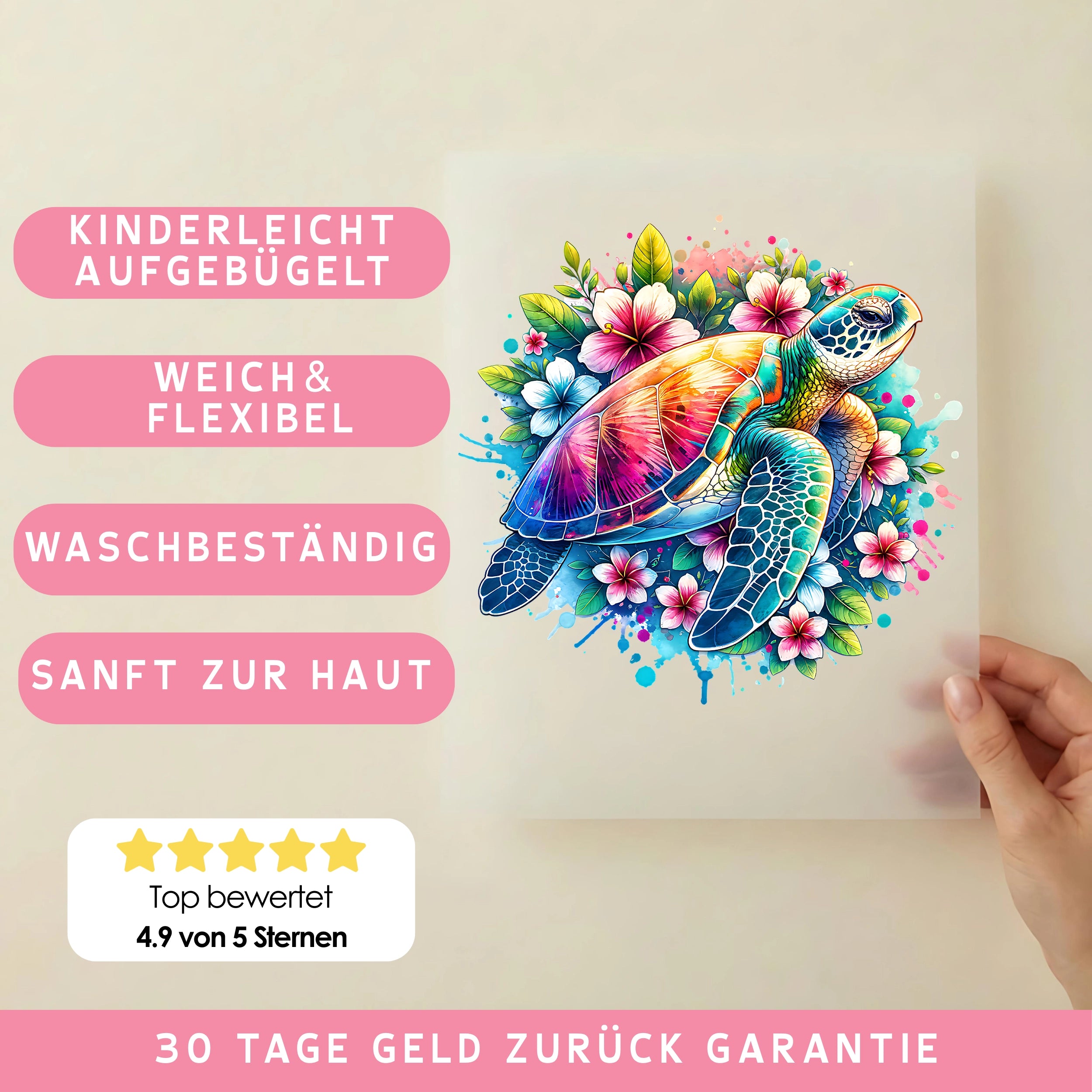 Bügelbild Blüten Schildkröte