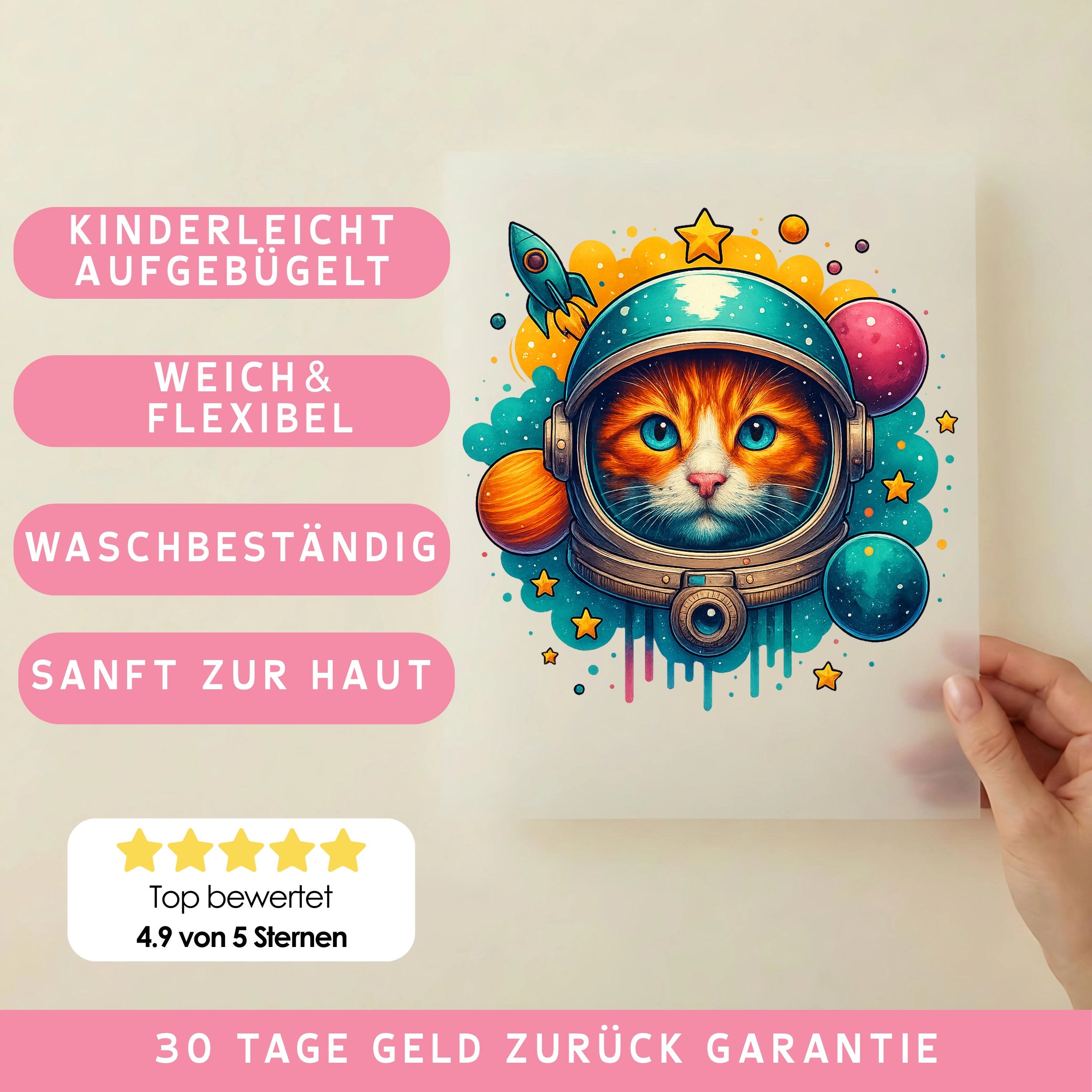 Bügelbild Katze auf Mission