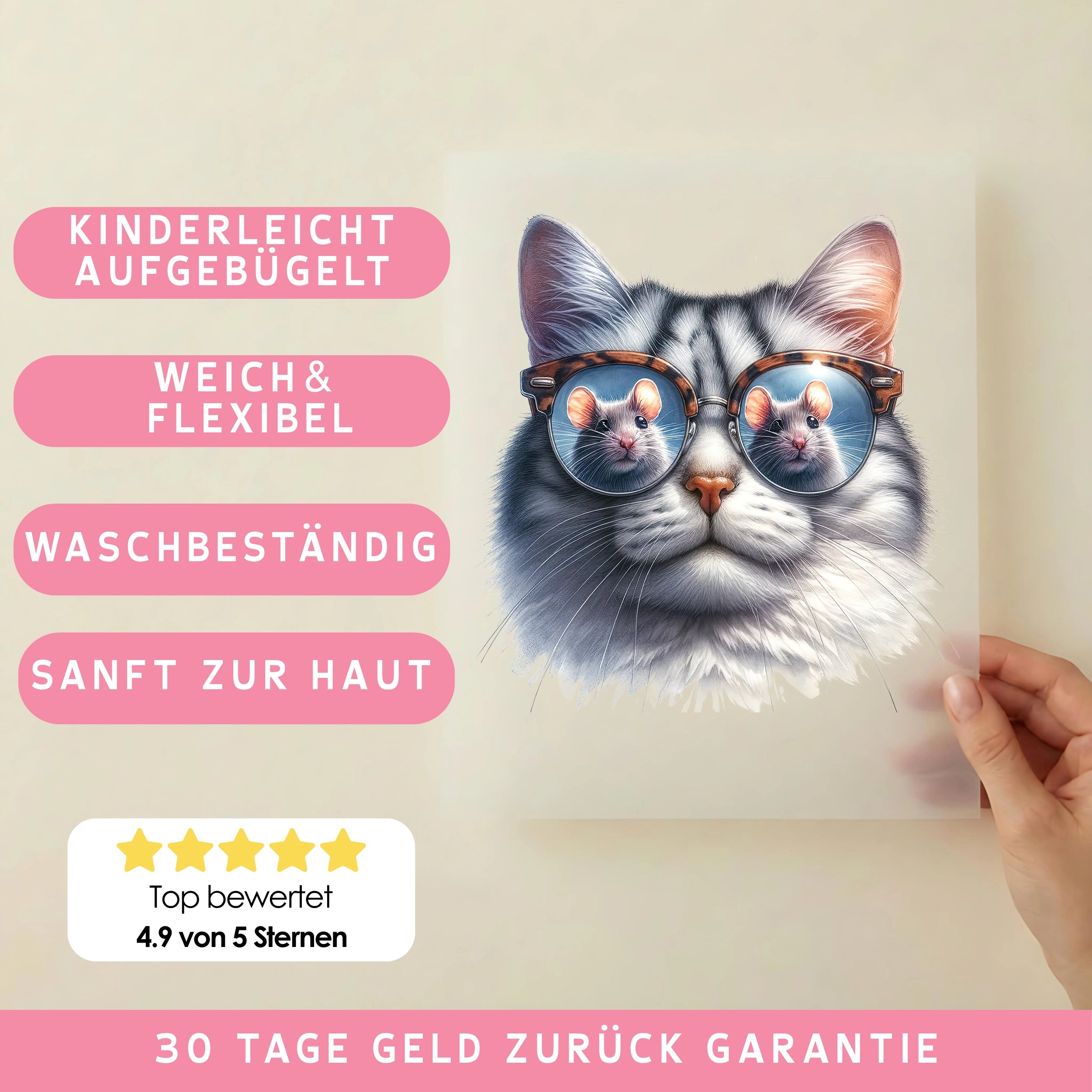 Bügelbild Brillen Katze Mausfänger