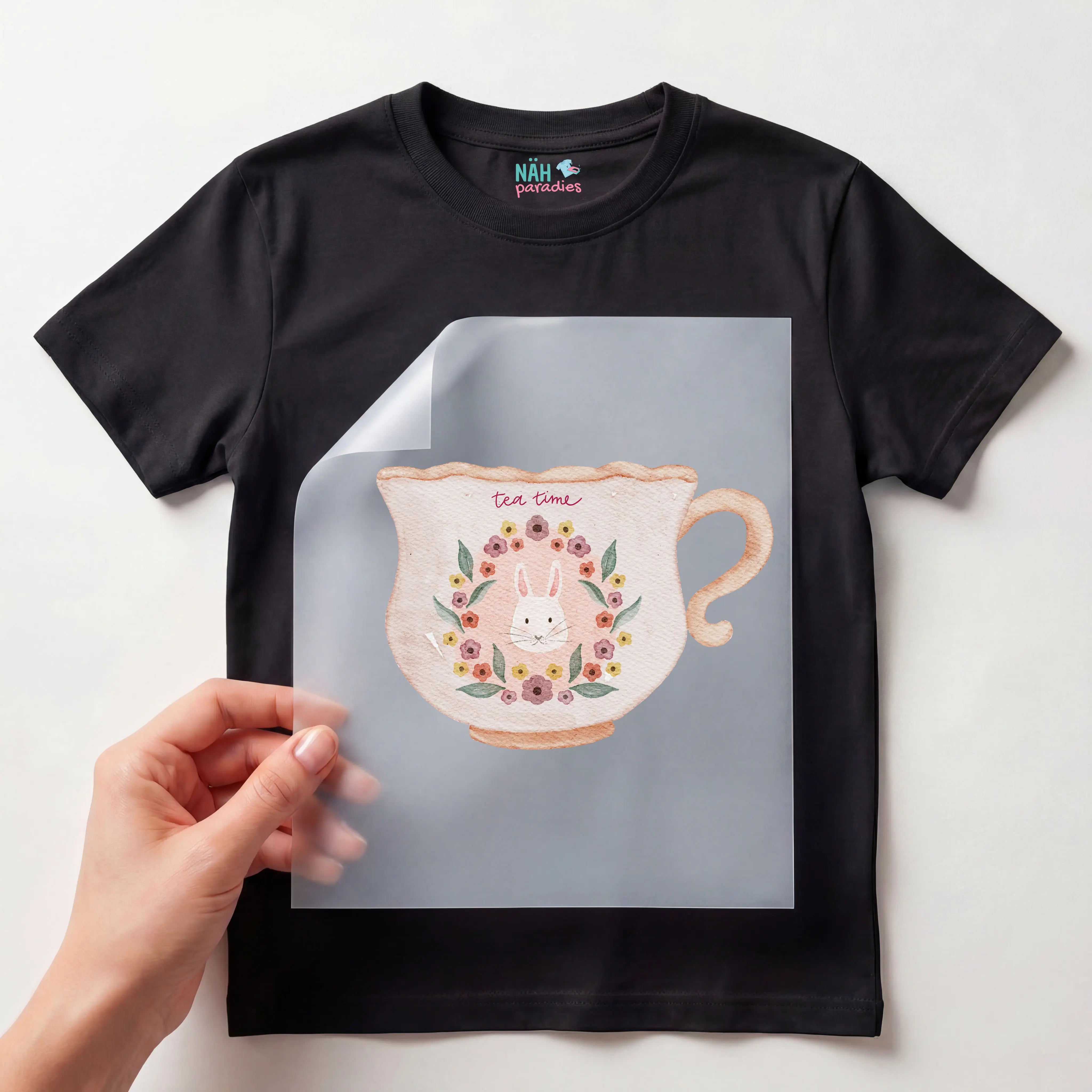 Bügelbild Tea Time Tasse Hase
