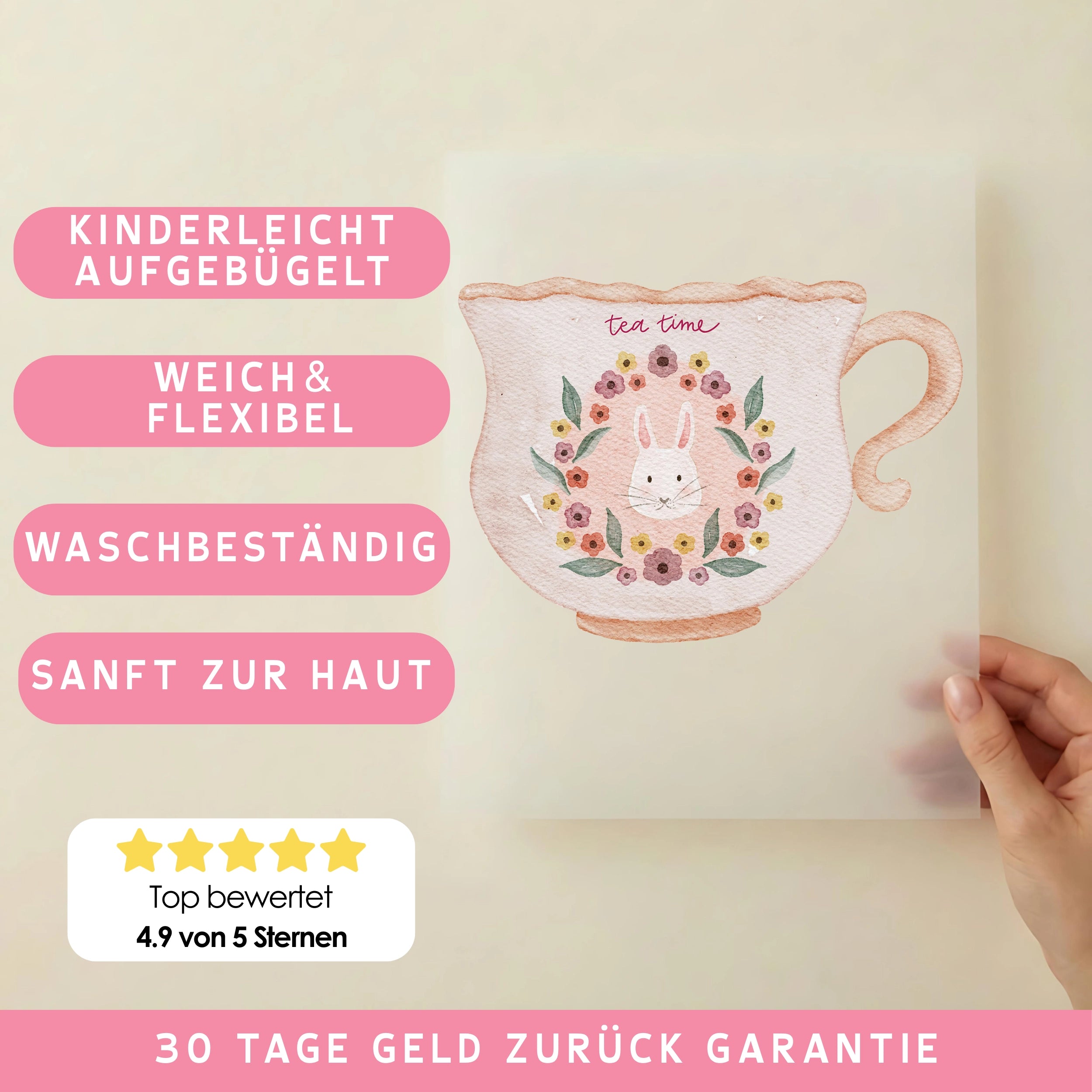 Bügelbild Tea Time Tasse Hase