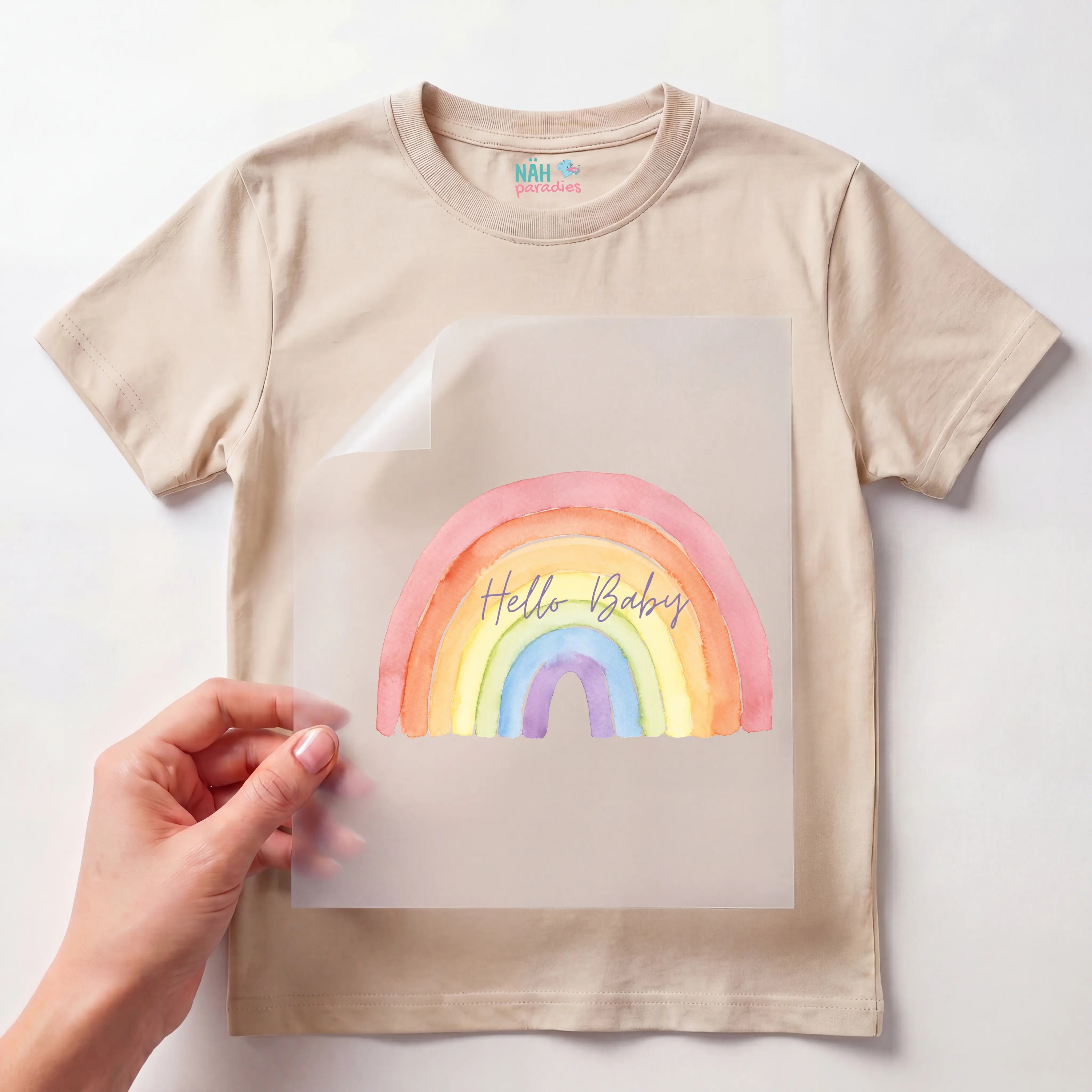 Bügelbild Aquarell Regenbogen Hello Baby