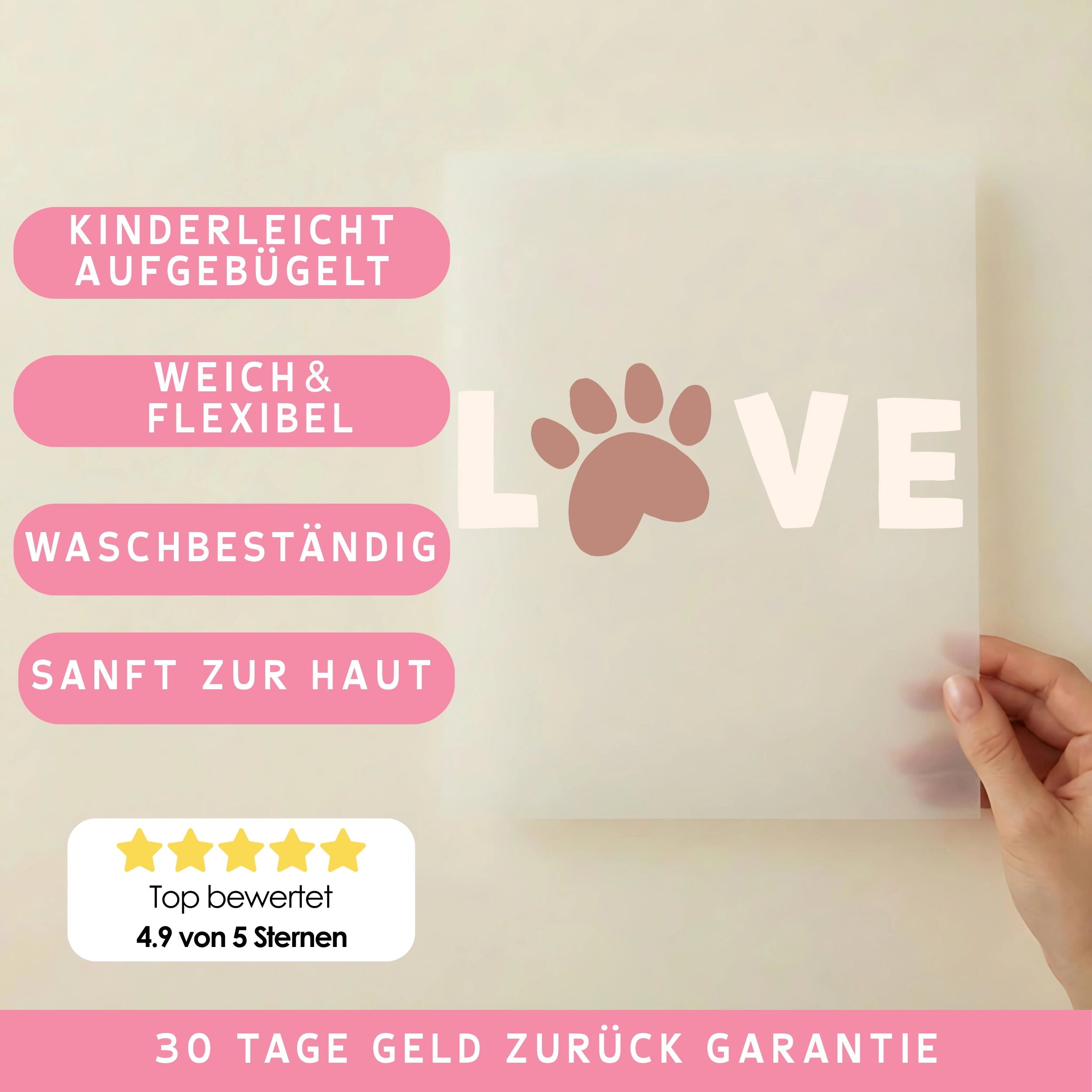 Bügelbild Love Pfote Beige