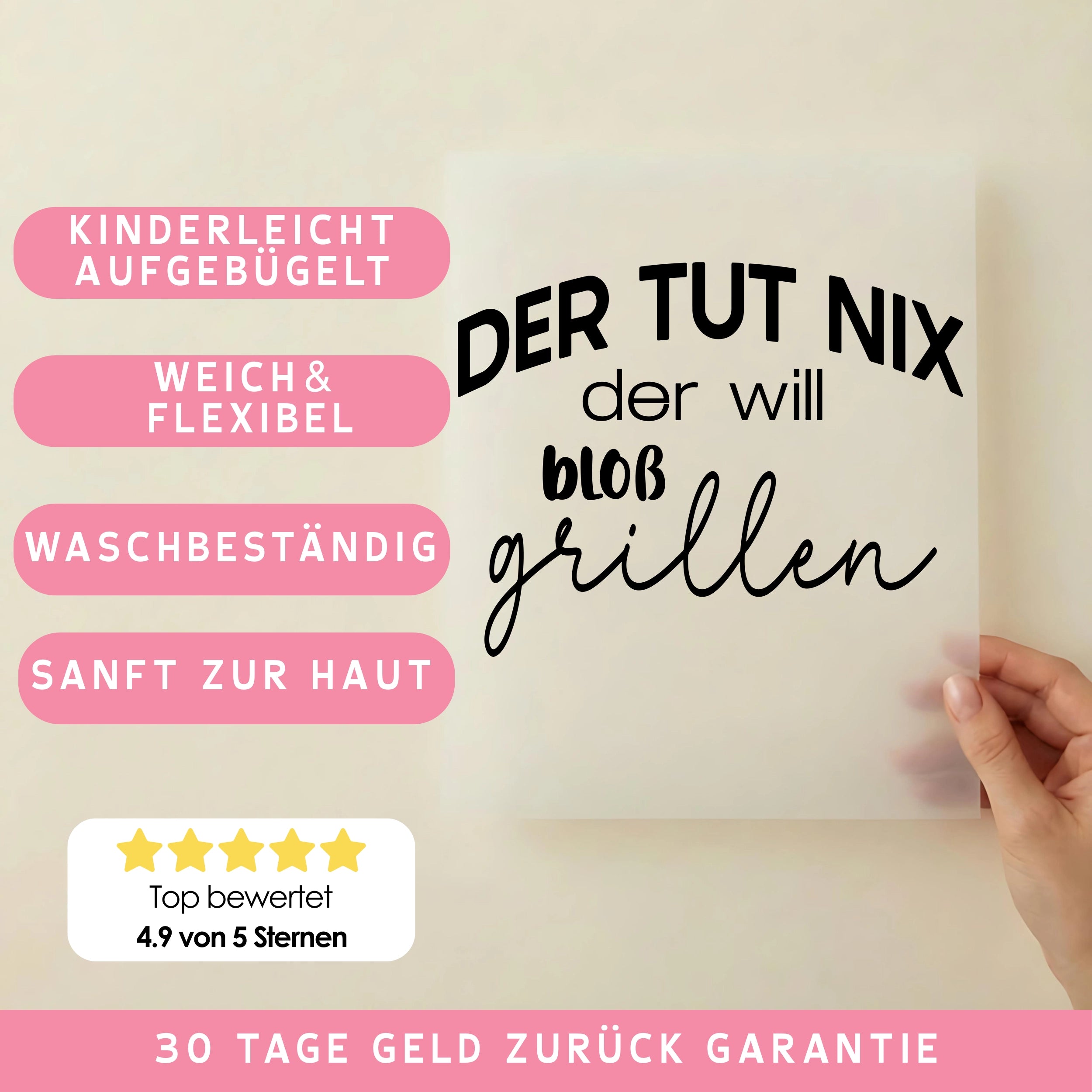Bügelbild Schriftzug Der will bloß grillen