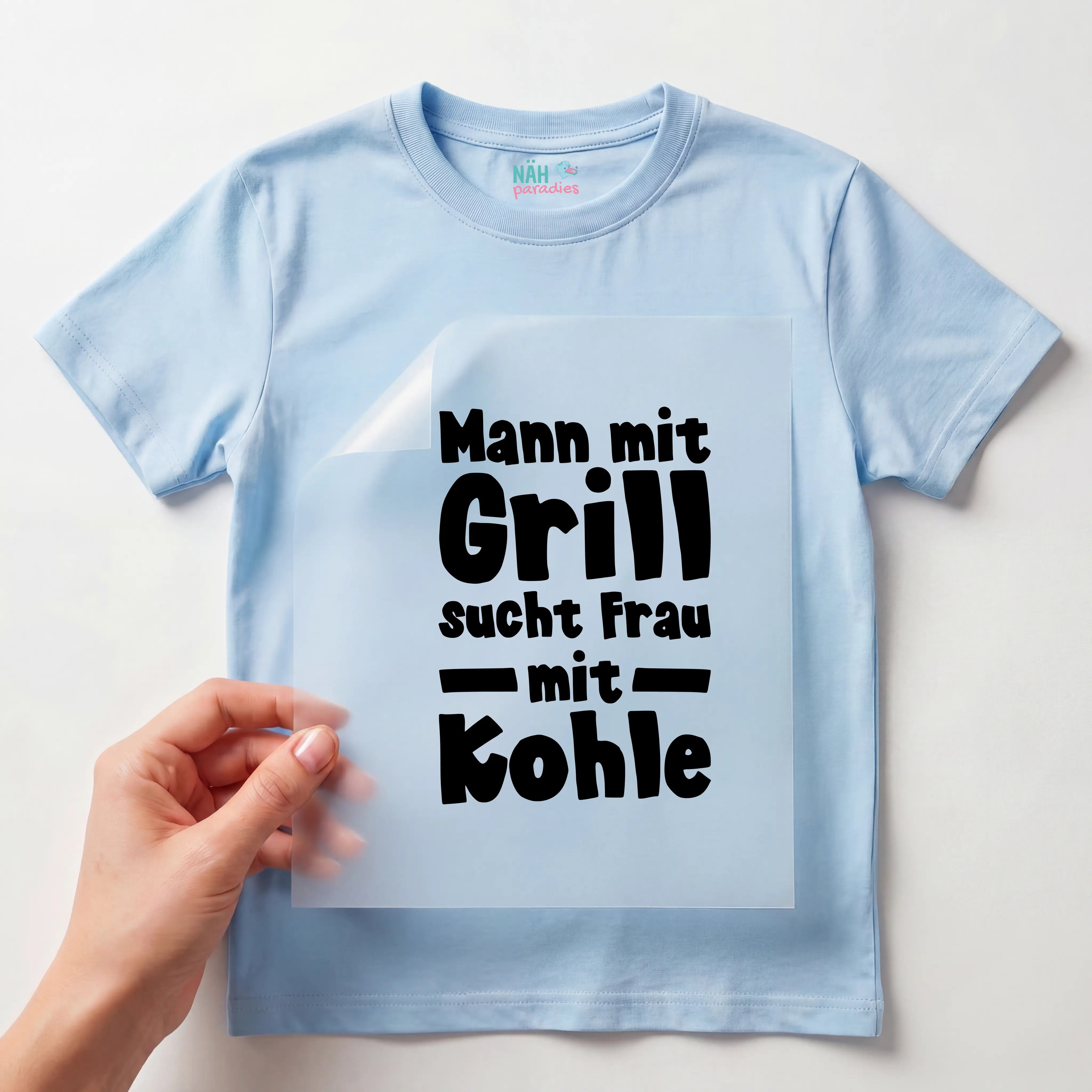 Bügelbild Schriftzug Mann mit Grill